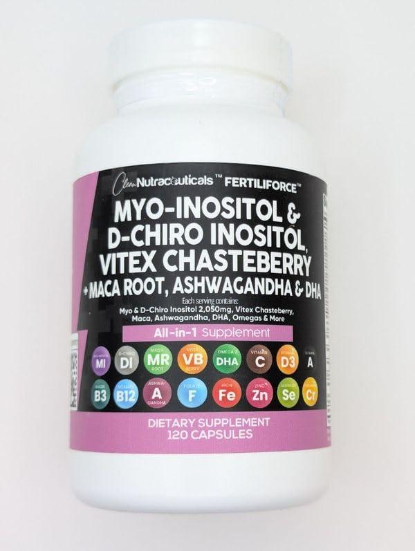 Clean Nutraceuticals Myo-Inositol & D-Chiro Inositol 2050mg Fertility Supplement 40:1 Ratio - Prenatal Vitamins for Women with Ashwagandha Maca Root Vitex Chasteberry Iron DHA Folic Acid DIM Zinc - 2Pack