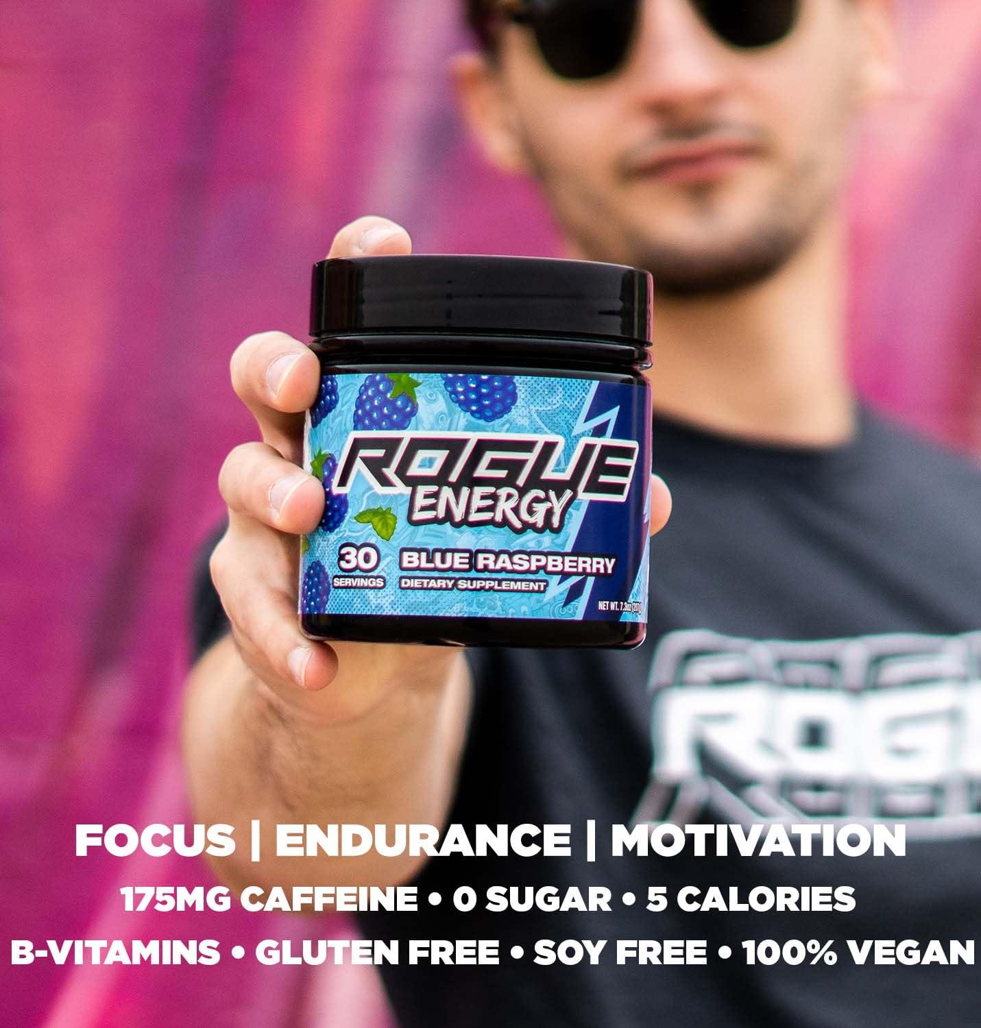 Rogue Energy Rogue Energy Energy Drink Powder for Long Gaming Hours - Energy Powder for Mental Focus - Sugar & Gluten Free - Gaming Supplement with Caffeine & Vitamins - Made in USA (Blue Raspberry - 40 Servings)