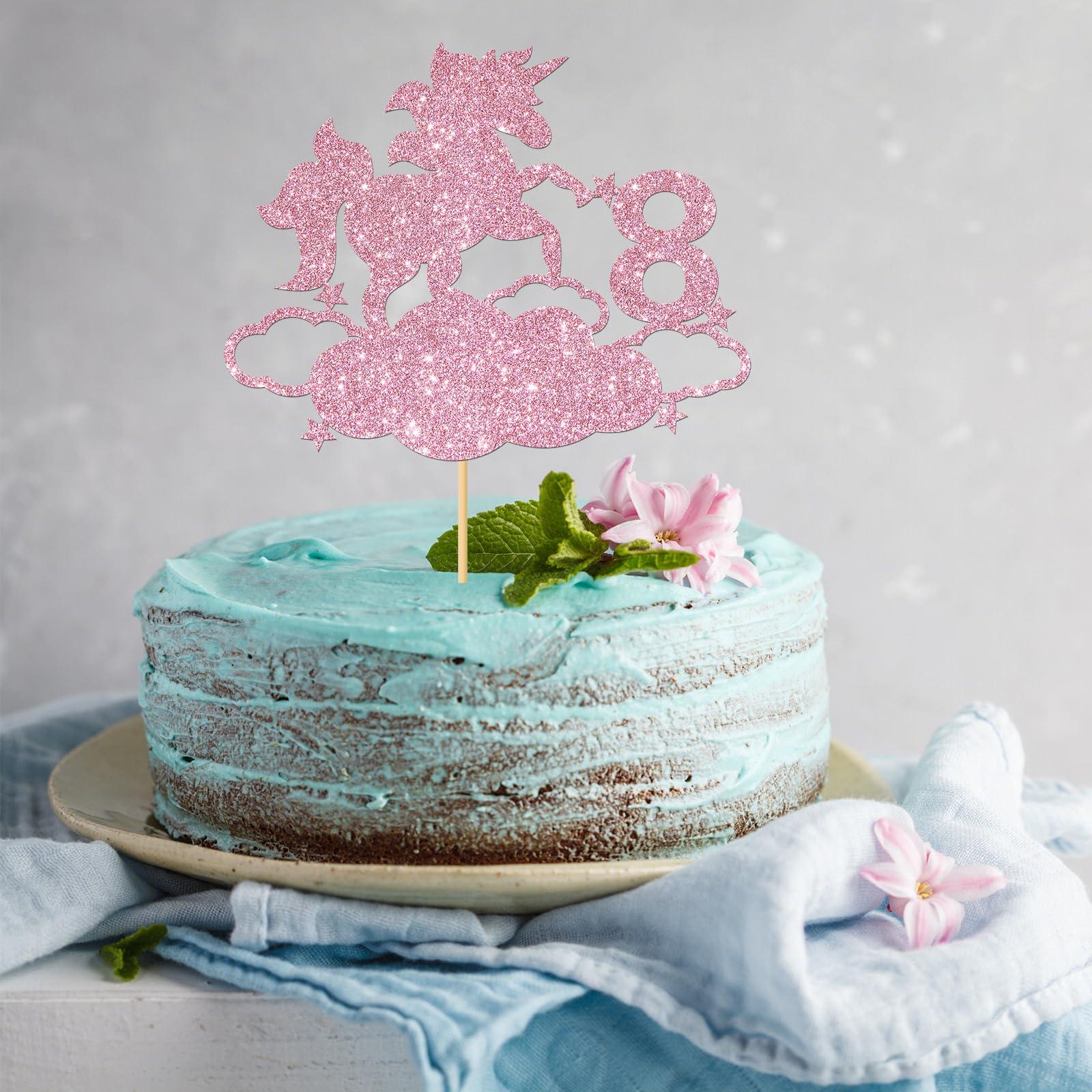 MonMon & Craft MonMon & Craft Unicorn 8th Birthday Cake Topper/Girls Children 8th Birthday Cake Docer/Unicorn 8th Anniversary Party Decorations - Pink Glitter