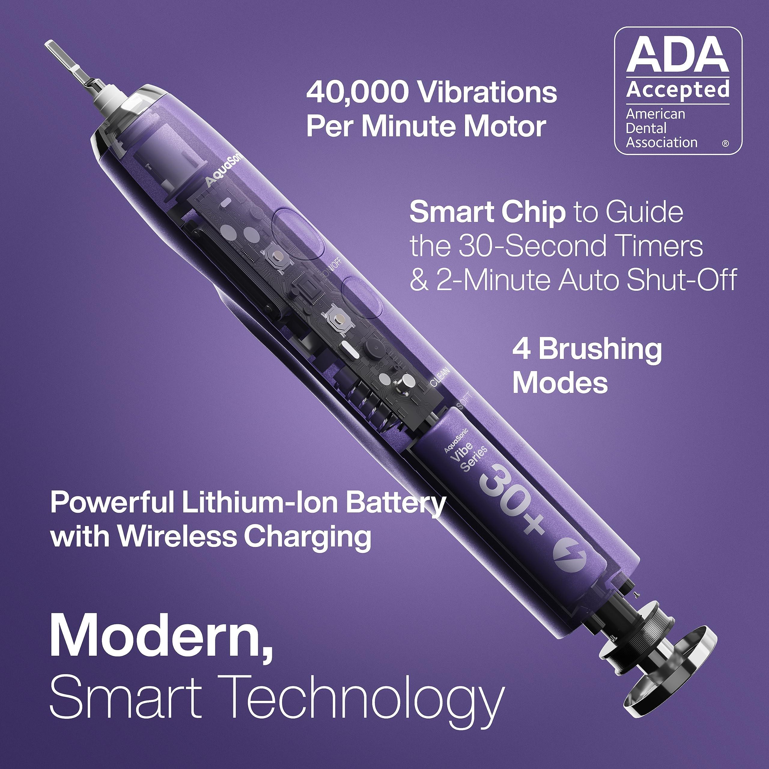 Aquasonic Aquasonic Vibe Series Ultra-Whitening Toothbrush ADA Accepted Electric Toothbrush - 8 Brush Heads & Travel Case 40,000 VPM Motor & Wireless Charging - 4 Modes w Smart Timer Satin Violet