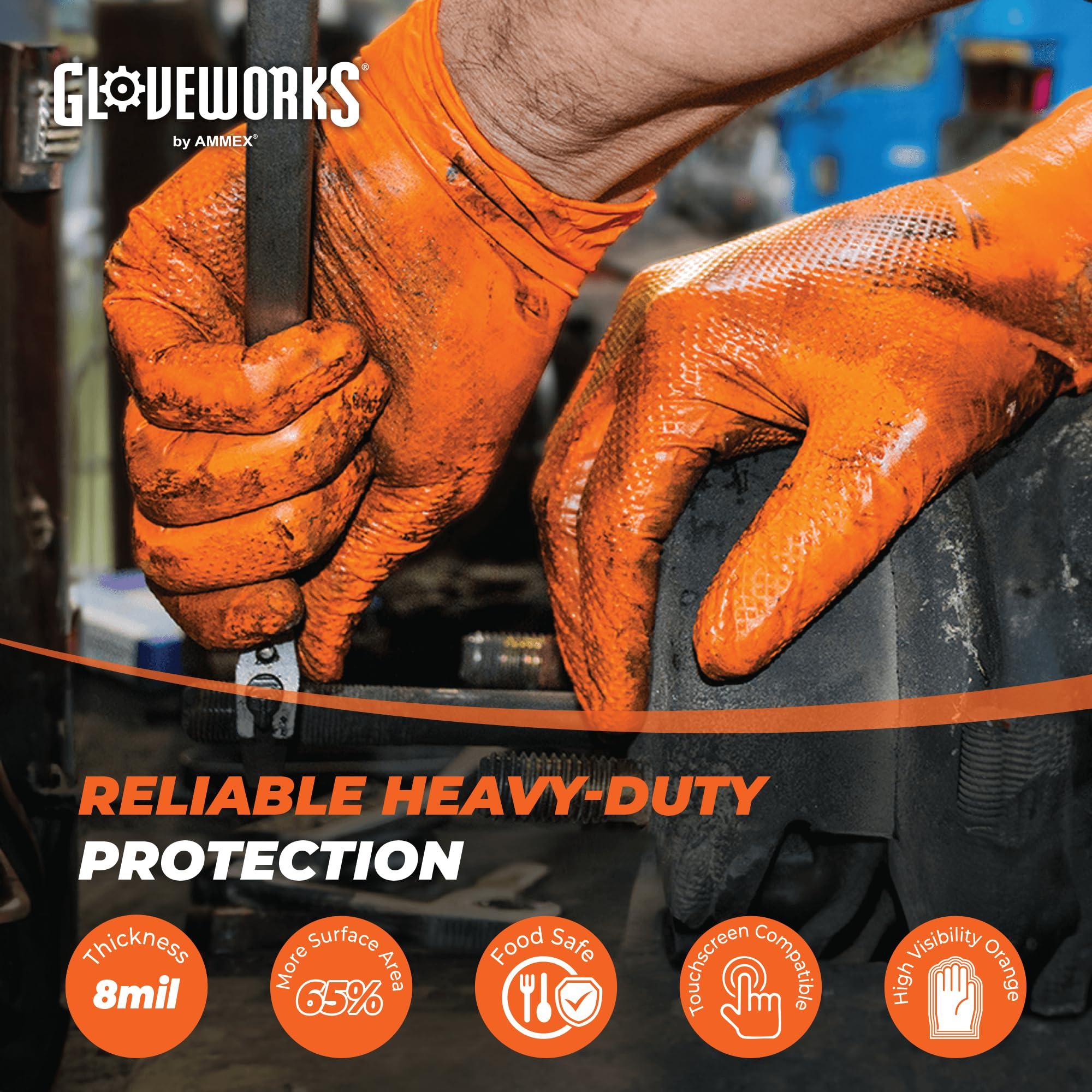 GLOVEWORKS GLOVEWORKS HD Orange Nitrile Industrial Disposable Gloves, 8 Mil, Latex-Free, Raised Diamond Texture, Large, 10 Boxes of 100
