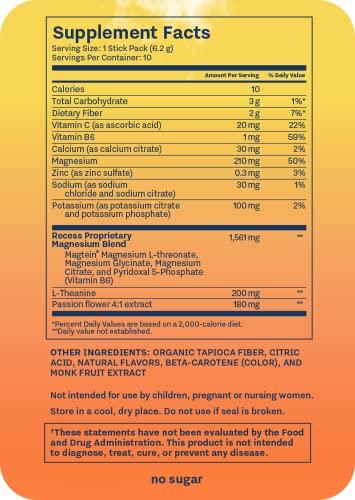 Drink Recess Inc. Recess Mood Powder, Calming Magnesium L-Threonate Blend with Passion Flower, L-Theanine, Electrolytes, Magnesium Calm Support Powder Supplement…