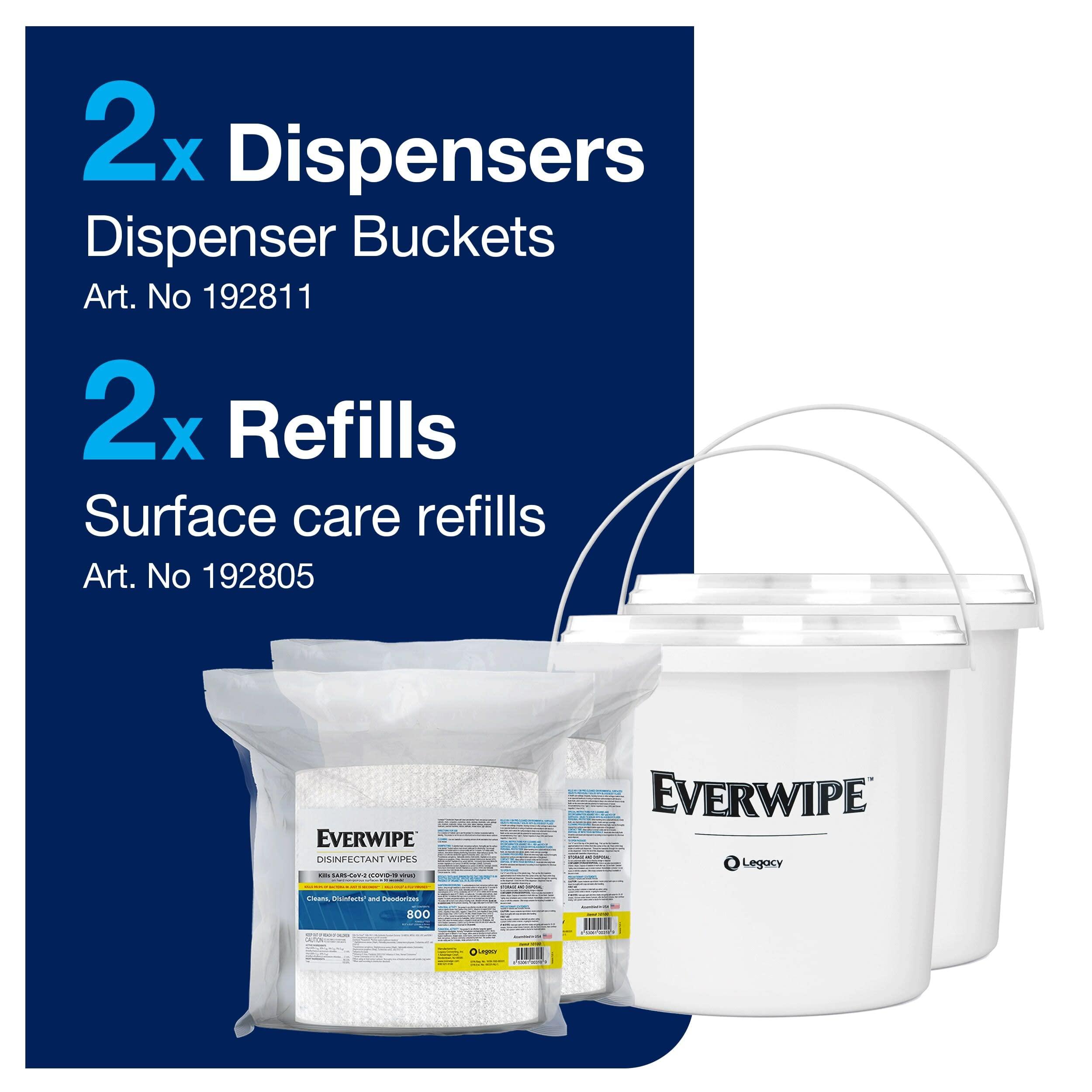 Tork Tork Everwipe Disinfectant Wet Wipe Jumbo Rolls Starter Pack with White Buckets, High Capacity Refills, 2 x 800 wipes and 2 buckets, 192806 (10100-2B)