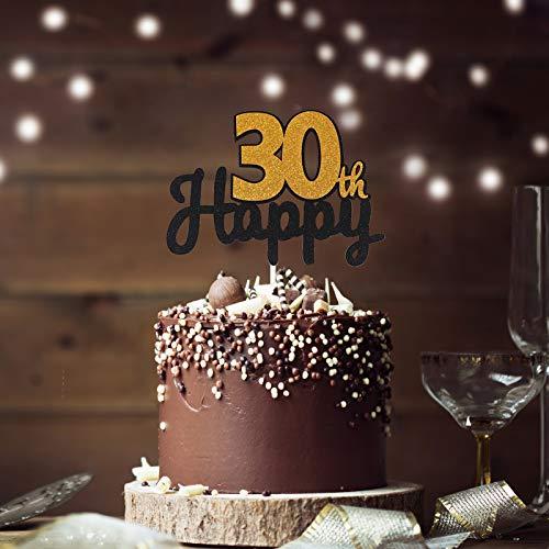 LASKYER LASKYER Happy 30th Birthday Cake Topper Black & Gold Glitter Cake Topper 30 Birthday Thirty Years Old Party Decorations.