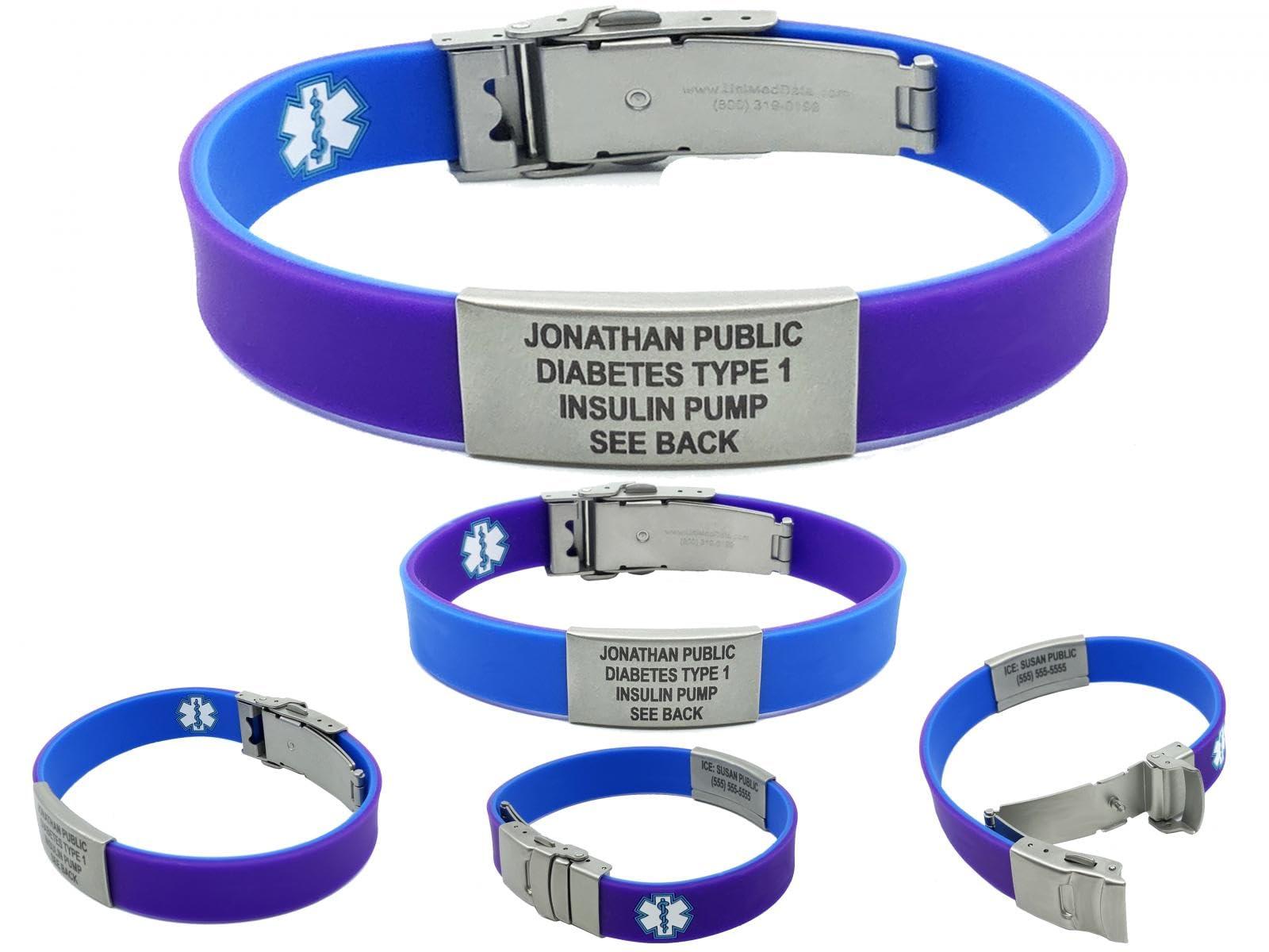 Universal Medical Data Medical Alert Bracelets - Slim Reversible Silicone Alert Band for Women & Men, Customizable Laser Engraved with Emergency Medical Card & Personal Health Record Access - Blue/Purple