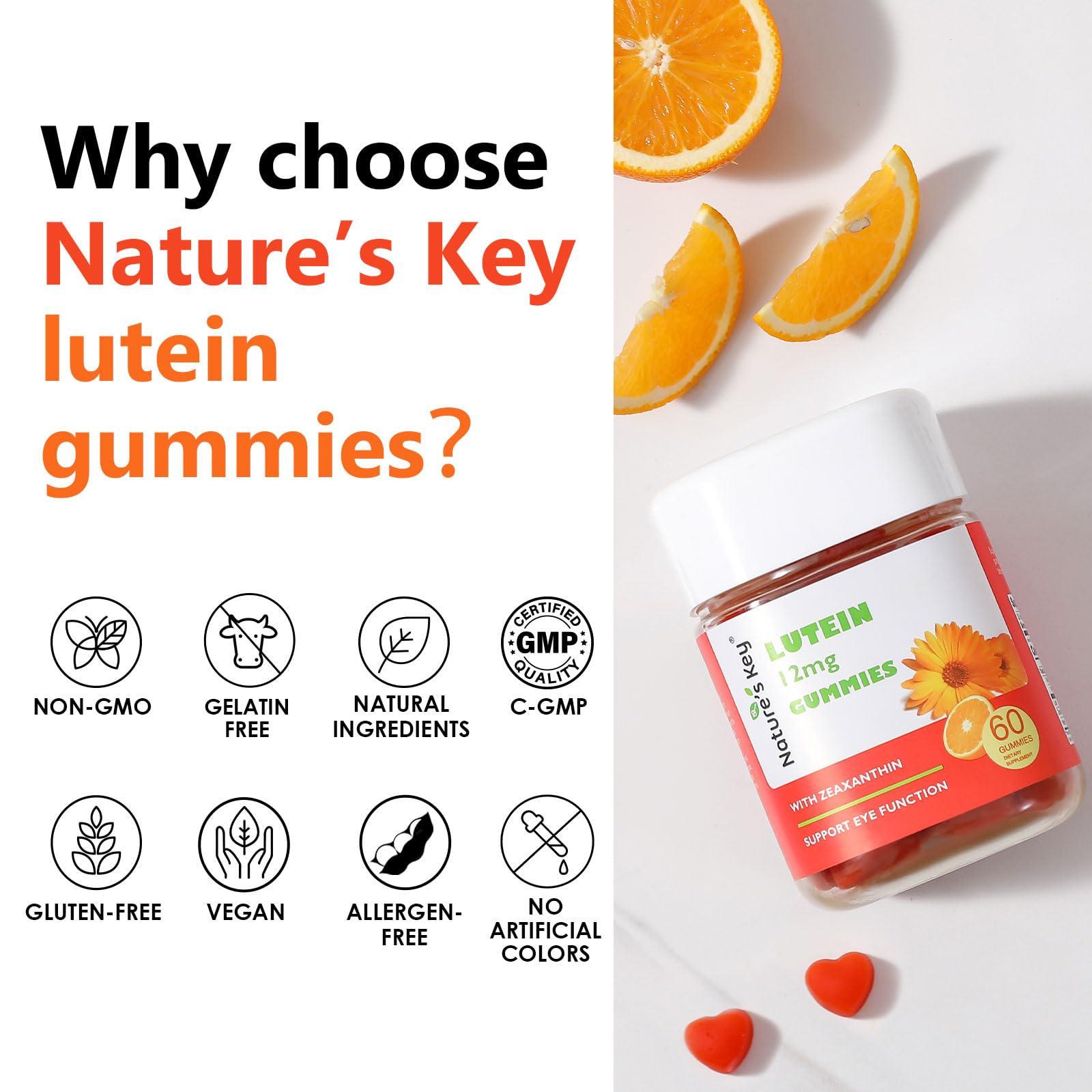 Nature\'s Key Nature\'s Key Lutein Gummies 12mg with Zeaxanthin & Vitamin A for Kids and Adults | Eye Health and Brain Function Supplement | Orange Flavor, 60Ct