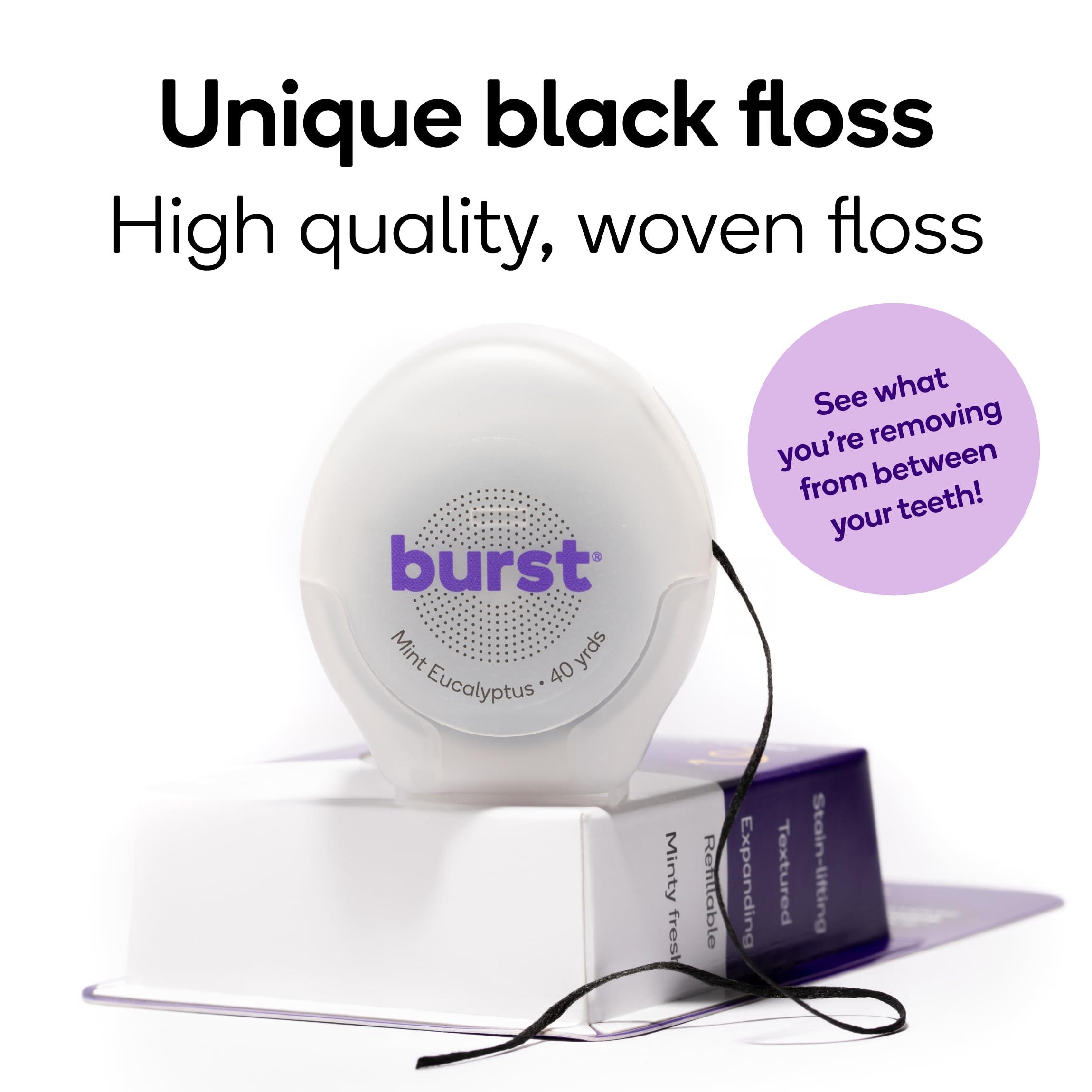 Burst BURST Expanding Dental Floss (Mint Eucalyptus/160 Yards) | Stain Absorbing & Woven with Xylitol Coating to Fight Cavities | Vegan | Paraben Free