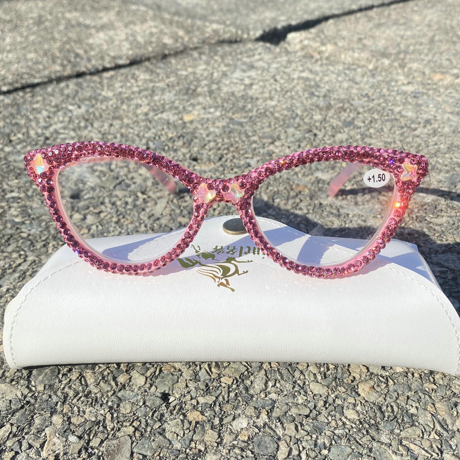 mincl Fashion bling Rhinestone Cat Eye Reading Glasses for Women Retro Jeweled Frame rave Party Diamond Reading Glasses (pink, 1, x)