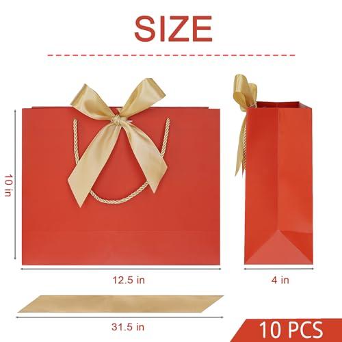 AZOWA AZOWA Red Gift Bags with Handle 10 Pcs Bow Ribbon Paper Bags for Wedding Baby Shower Birthday Party Guests Shopping (Red, 12.5 x 10 x 4 in)