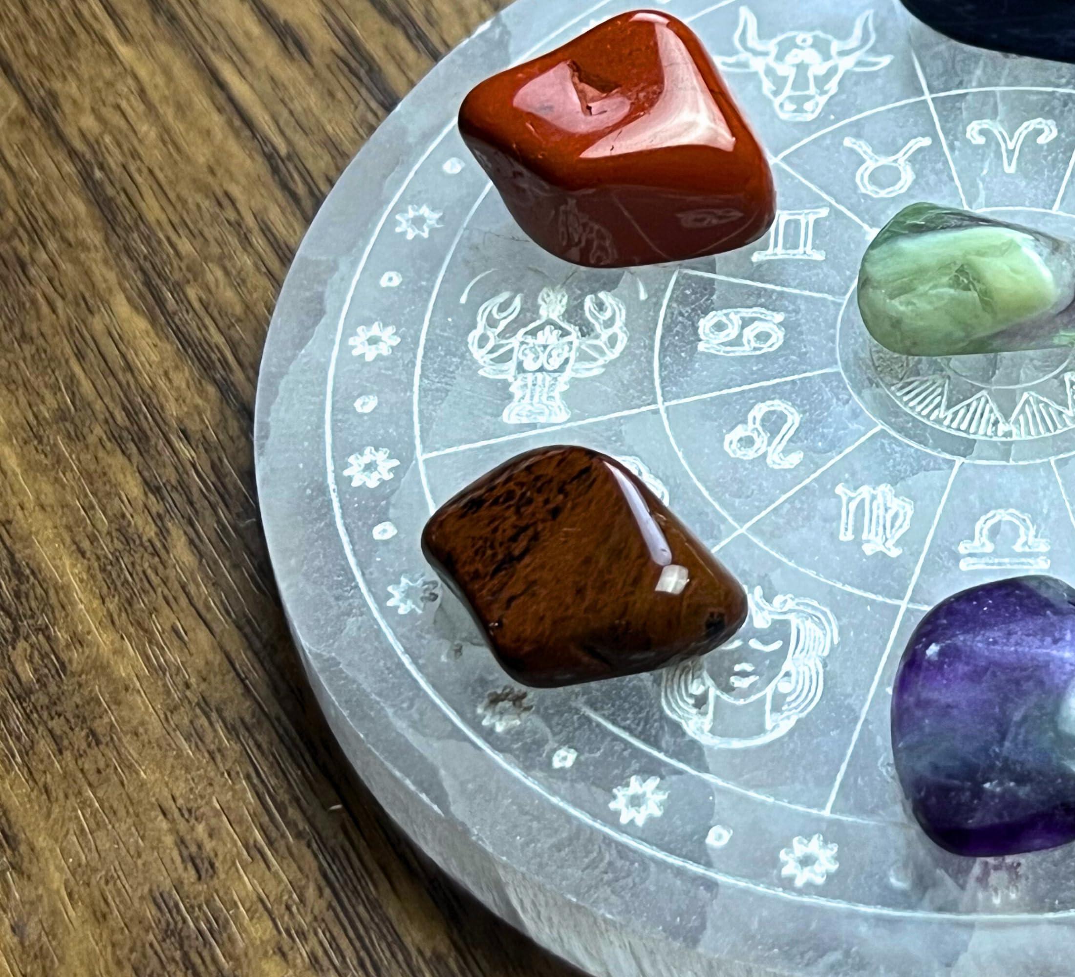 Xen Minerals Xen Minerals Selenite Disk with Zodiac Engraving Crystal Jewelry Charging Plate Tray Coaster Stone, scrying Plates Board for Stones, Crystals Hecate Altar grids and Healing Wicca Slab Wiccan Plate