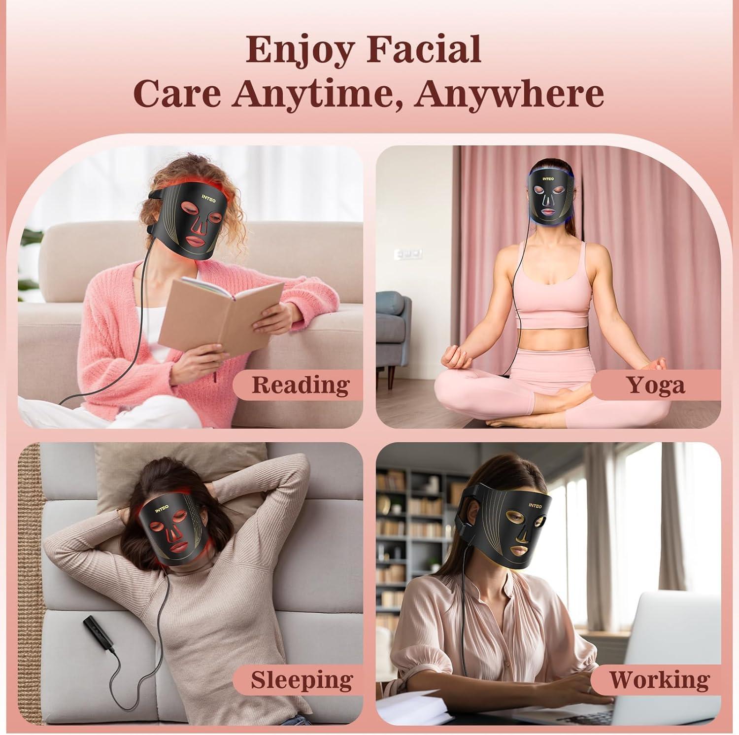 INTEO Red Light Therapy for Face, 3 Modes Portable Led Face Mask Light Therapy with Remote, Near-infrared 850 Red Light Therapy Mask with Timing Function, Red Light Therapy At Home 180 LED Beads