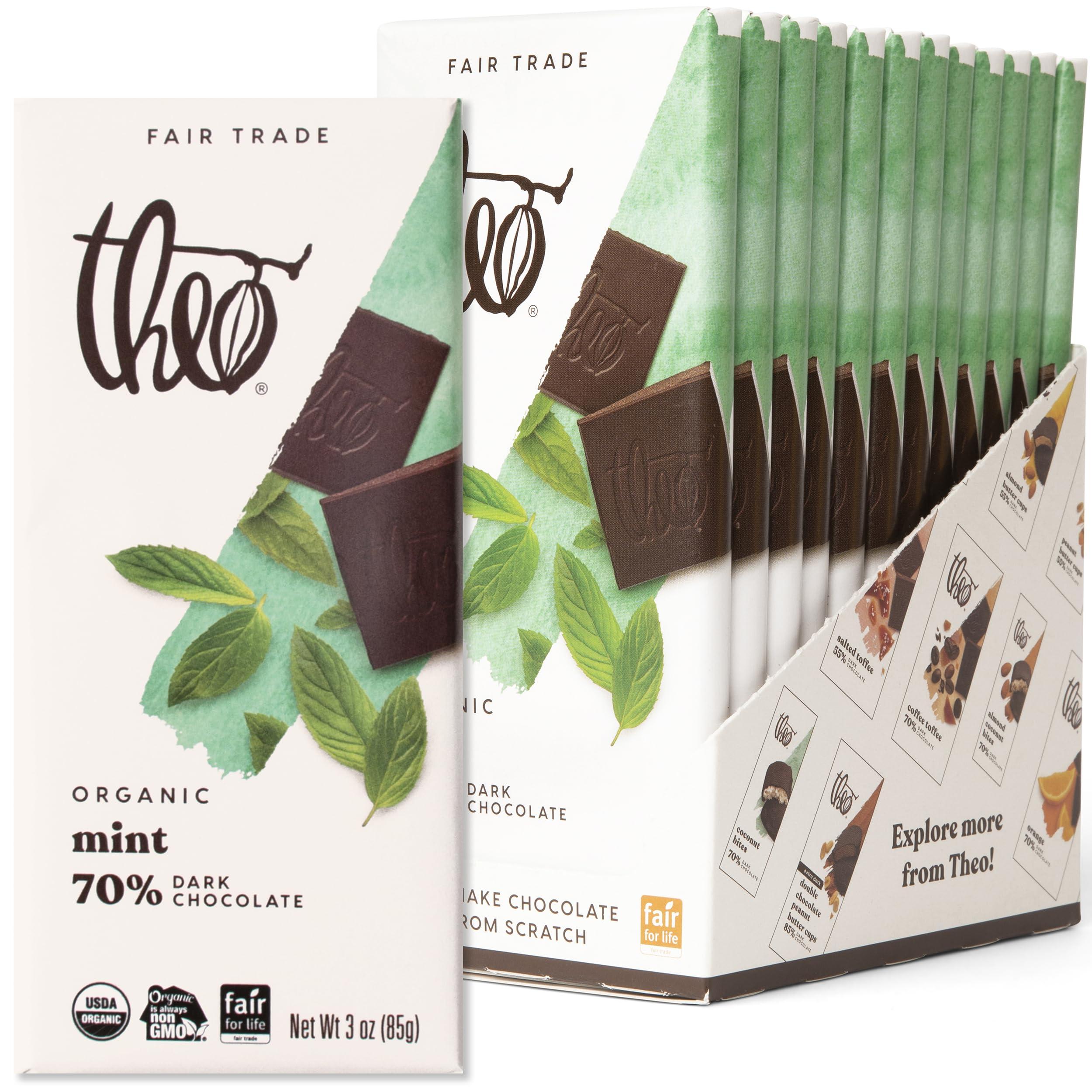 THEO Theo Chocolate Mint Organic Dark Chocolate Bar, 70% Cacao, 12 Pack | Vegan, Fair Trade