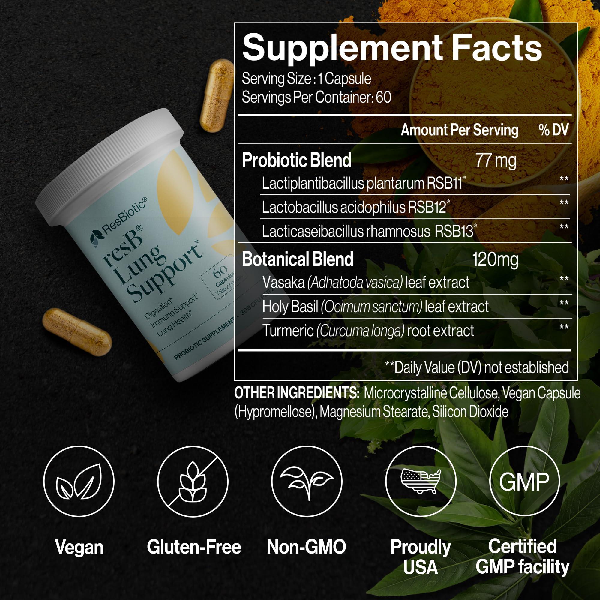 ResBiotic resbiotic resB Lung Support Probiotic Supplement - Lung Health Supplement for Smokers, Gut Health, Immune & Digestive Support, Respiratory Care, Holy Basil & Turmeric, Clinically Trialed - 60 Capsules