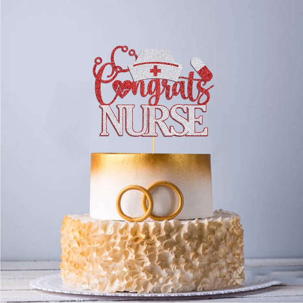Dcokska Dcokska Congrats Nurse Cake Topper, Future Nurse Cake Topper, Congrats RN, Nurse Graduation/Medical School Graduation Party Decorations Supplies/Dinner Party Cake Topper Decorations (Red & Silver-1)