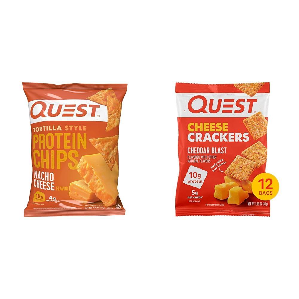 Quest Nutrition Quest Nutrition Tortilla Style Protein Chips, Low Carb, Nacho Cheese 1.1 Ounce (Pack of 12) & Cheese Crackers, Cheddar Blast, High Protein, Low Carb, Made with Real Cheese, 12 Count (1.06 oz bags)