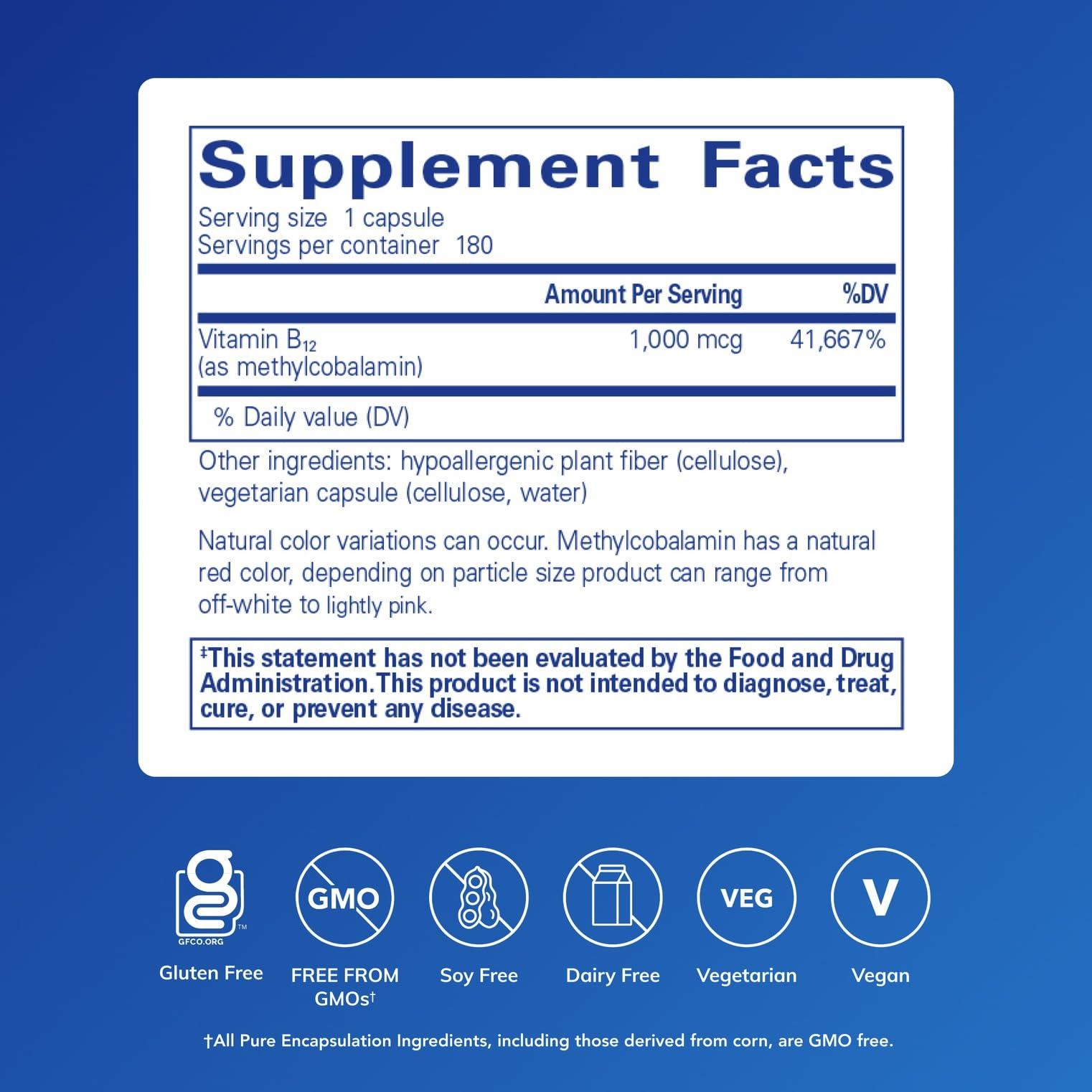 Pure Encapsulations Pure Encapsulations Methylcobalamin 1,000 mcg - Vitamin B12 Supplement to Support Memory & Nerve Health - Premium Vitamin B12 Capsules - 180 Capsules