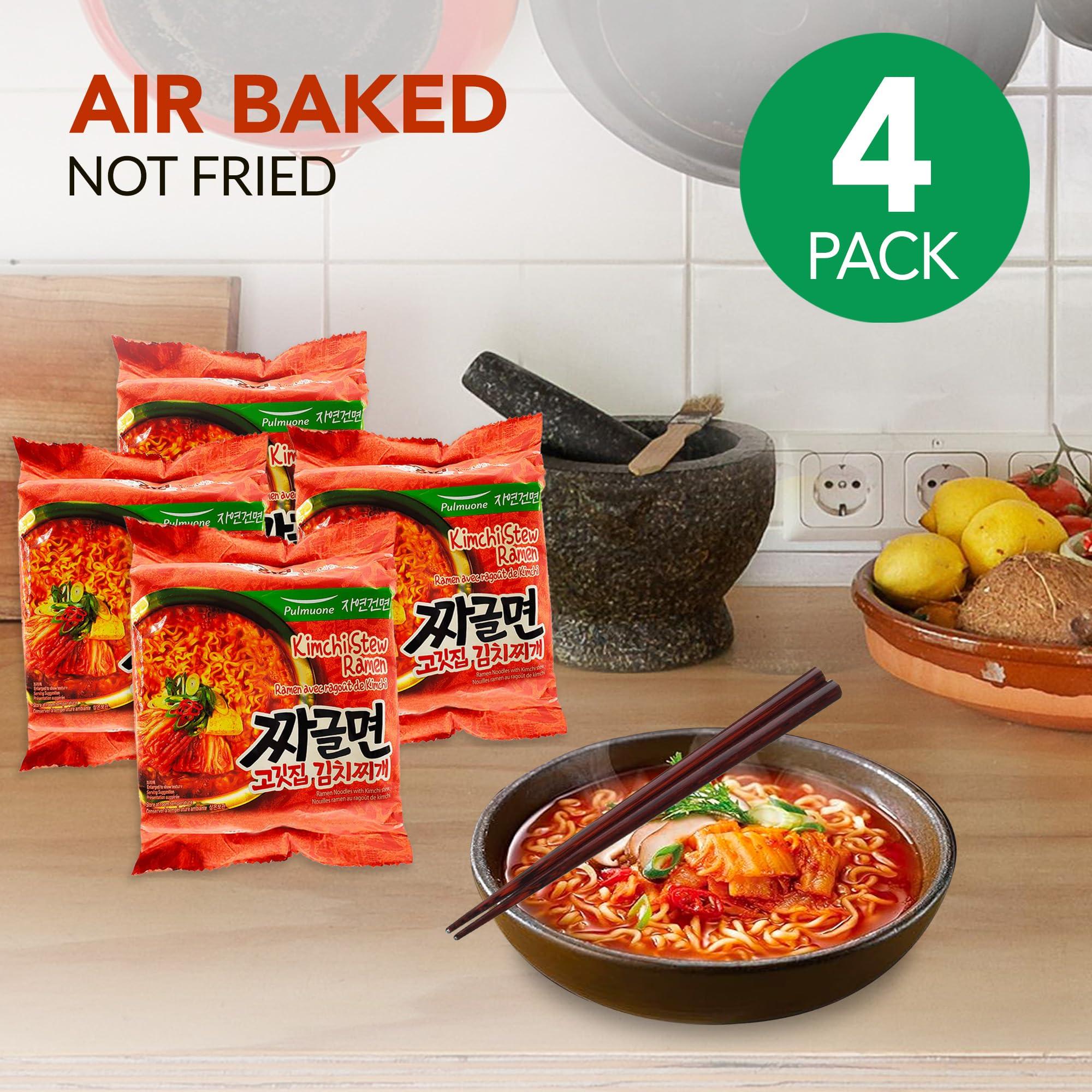 K-Munchies Pulmuone Non-Fried Ramyun Korean Noodles - 4 Pack Korean Instant Noodles Kimchi Stew Flavor - Easy to Cook Authentic Korean Ramen with Distinctly Asian Broth and Chewy Noodle