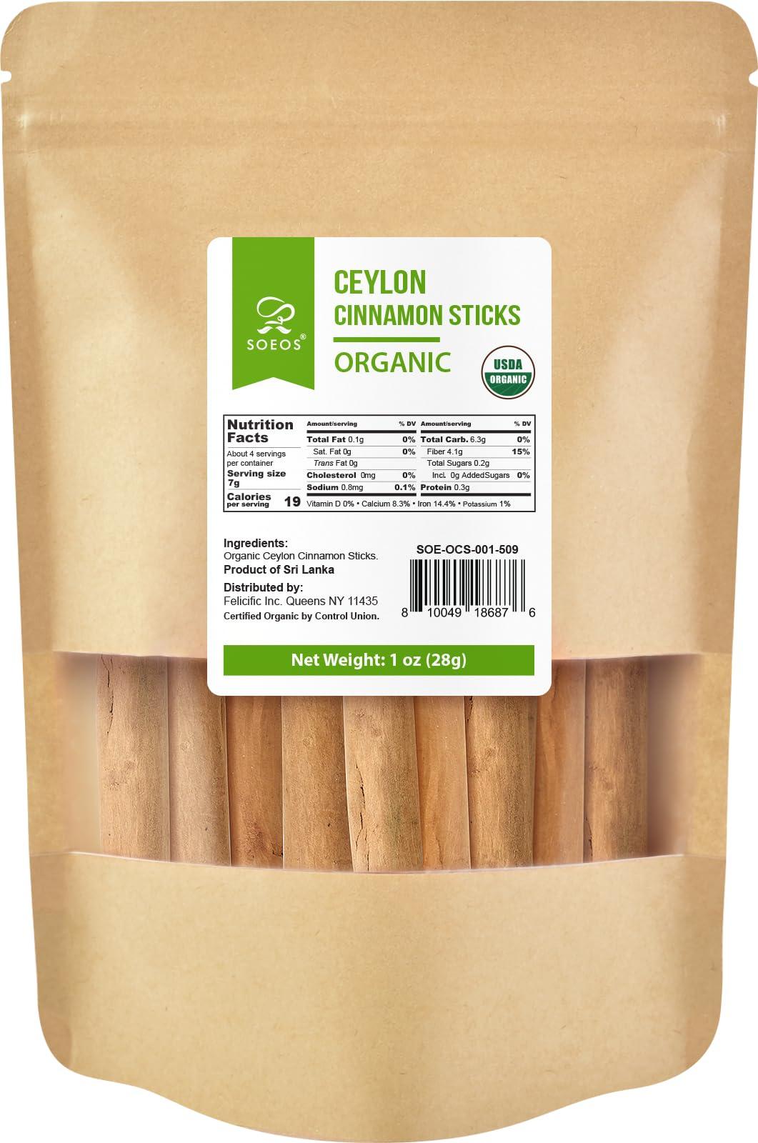Soeos Soeos Ceylon Cinnamon Sticks, Organic Ceylon Cinnamon Sticks, Real Cinnamon Sticks farmed in Sri Lanka, Non-GMO, Cinnamon for Coffee, Baking, Cooking and Beverages 1 oz (28g)