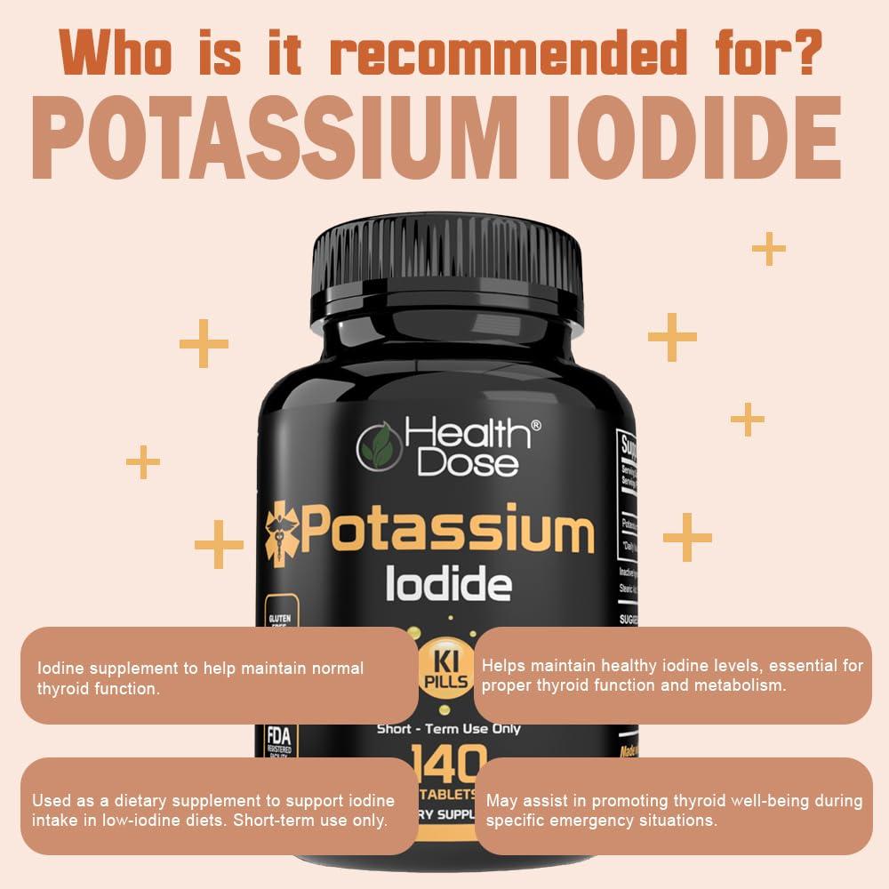 Health Dose Health Dose Potassium + Iodide (KI) Tablets 130mg 140 Tablets for Thyroid Support, Cellular Metabolism & Electrolyte Balance Non-GMO, Gluten-Free, GMP Certified, Pack of 2