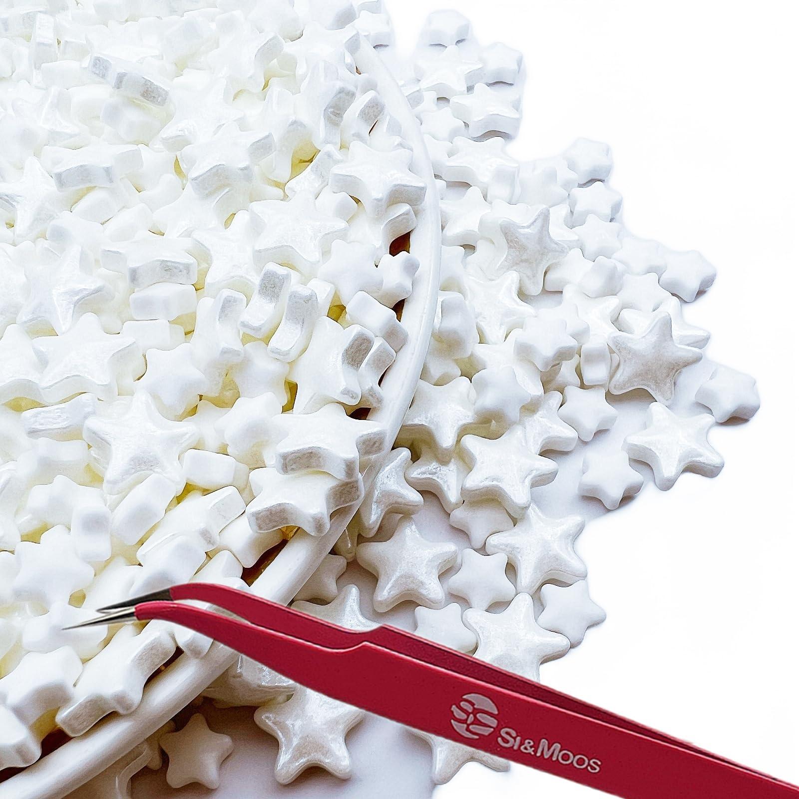 SE SI&MOOS SE Si&Moos White Star Sprinkles Edible White Stars for Cake Decorating Star Icing Decorations Edible Stars Large and Small Christmas Cookie Decorations White Sprinkles for Cake,Cupcakes 3 OZ with Tweezers