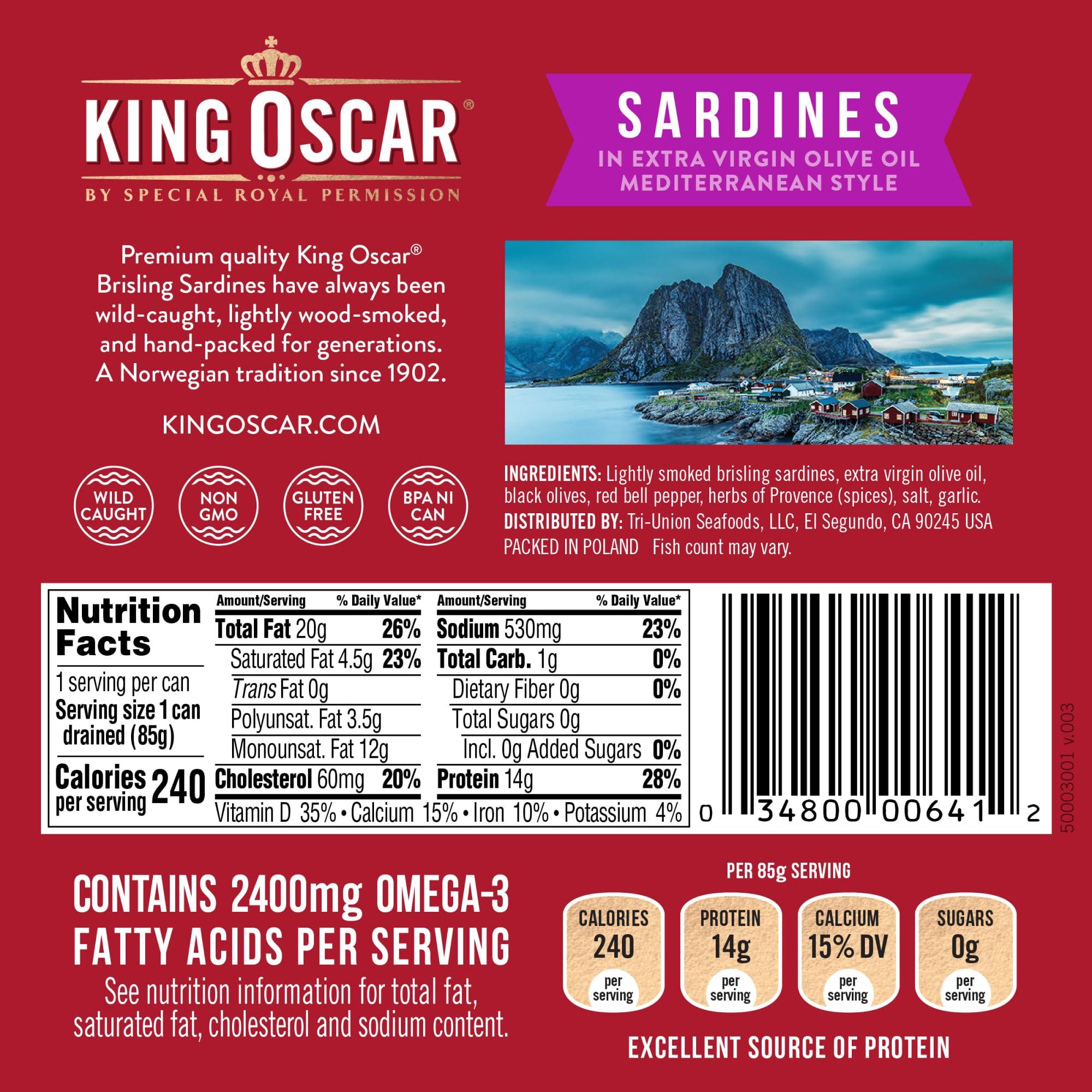 King Oscar King Oscar Premium Sardines in Extra Virgin Olive Oil, Mediterranean Style, 3.75 Ounce Cans (Pack of 12), Wild Caught Sardines