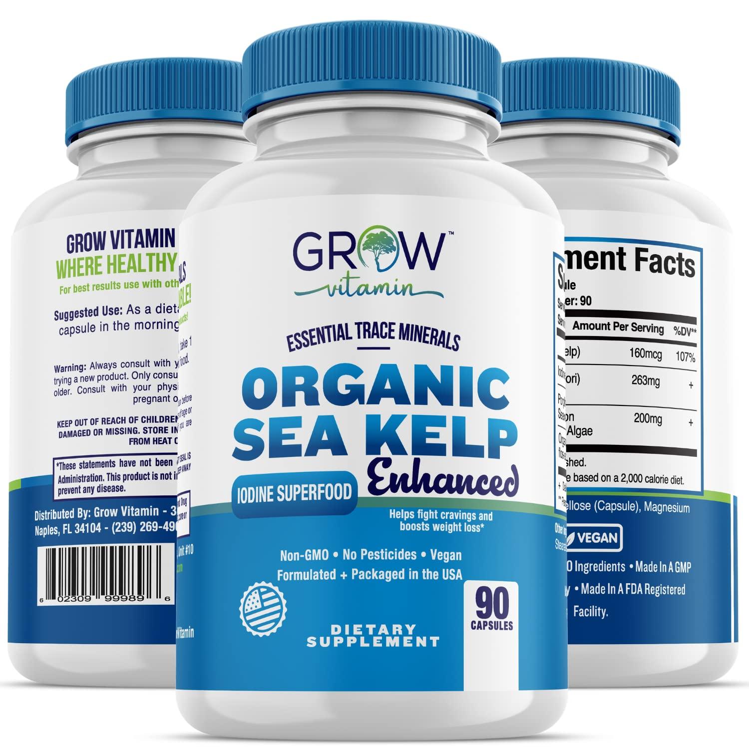grow vitamin Organic Sea Kelp (Icelandic) Enhanced - Pure Healthy Thyroid Support Natural Iodine Supplement w/Organic Sea Kelp, Blue-Green Algae & Red Algae - Immune System & Metabolism Support - 90 Capsules