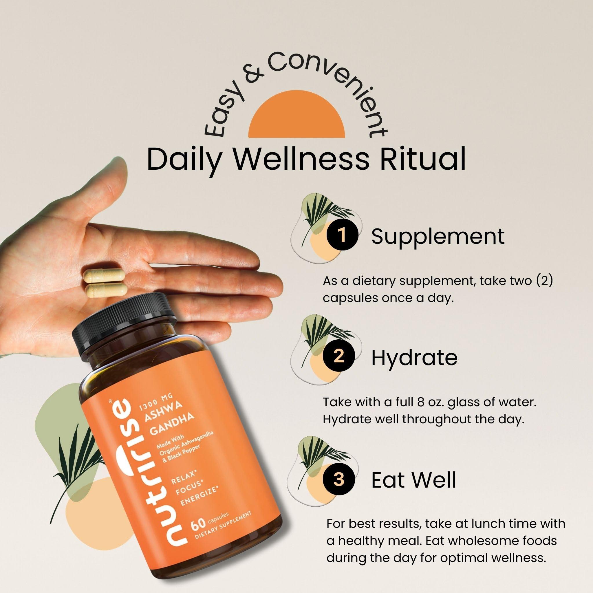 NutriRise NutriRise Organic Ashwagandha Root Capsules with Black Pepper, 1300mg, Natural Stress & Mood, Thyroid & Immune Support Supplement, Clarity, Focus & Energy, Gluten Free, 60 Count