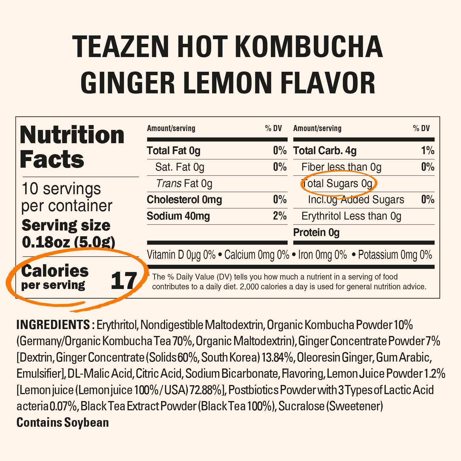 TEAZEN TEAZEN Lemon Ginger Hot Kombucha Tea, Live Probiotics & Postbiotics, Relaxation and Warmth for Colds and Sore Throat, Hydration Drink Mix, Sugar Free, 30 Sticks, 5.29oz