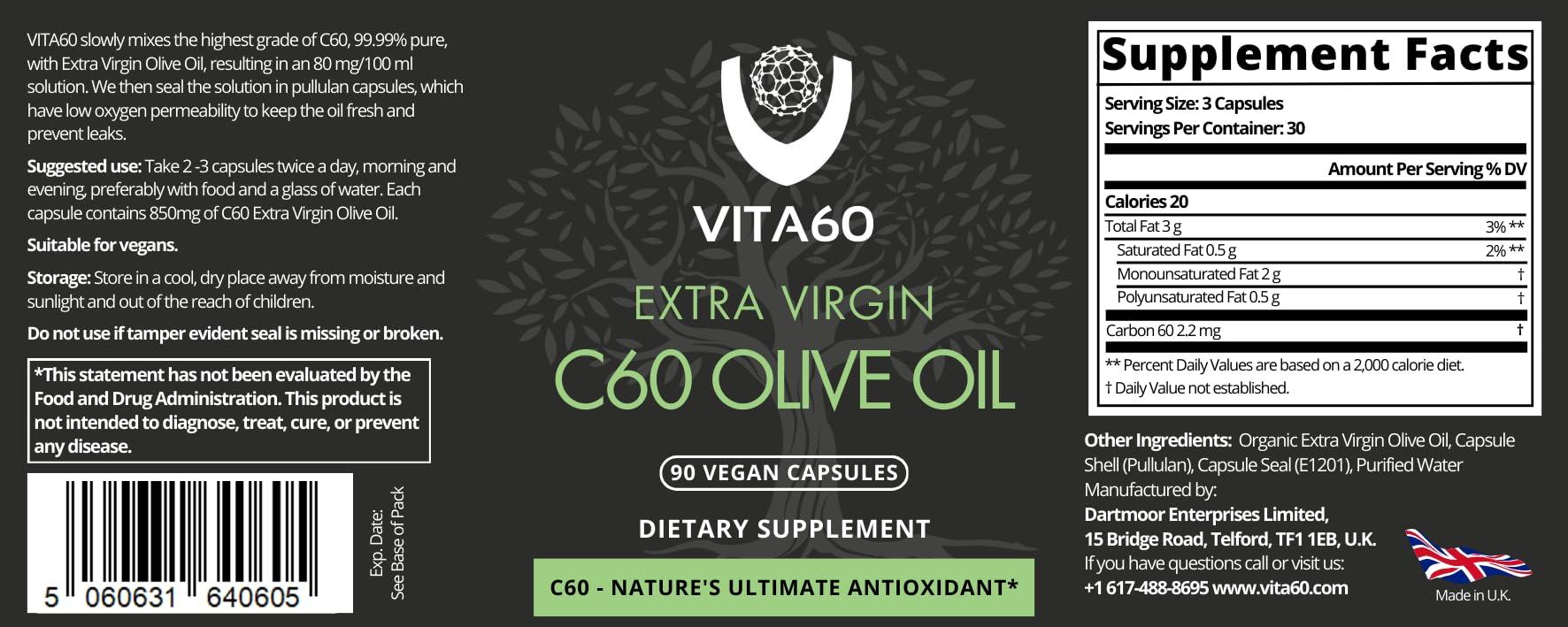 VITA60 VITA60 C60 Oil Capsules | Age-Defying Vitality and Antioxidant Support | 99.99% Pure Solvent Free C60 | Organic Oil | Vegan Friendly | Superior Customer Service (Olive Oil)