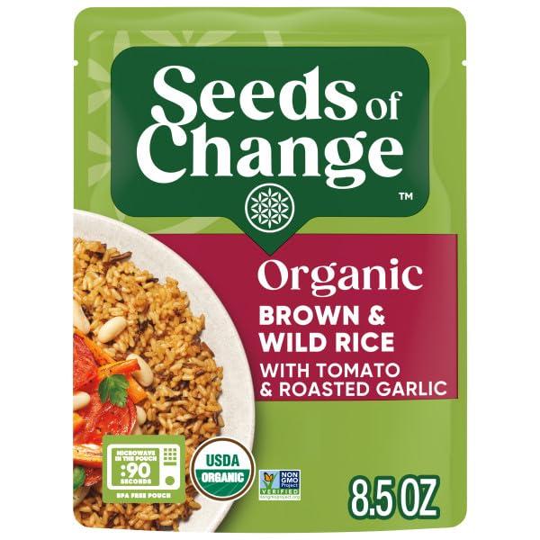 SEEDS OF CHANGE SEEDS OF CHANGE Certified Organic Brown and Wild Rice with Tomato & Roasted Garlic, Organic Food, 8.5 oz Pouch (Pack of 12)
