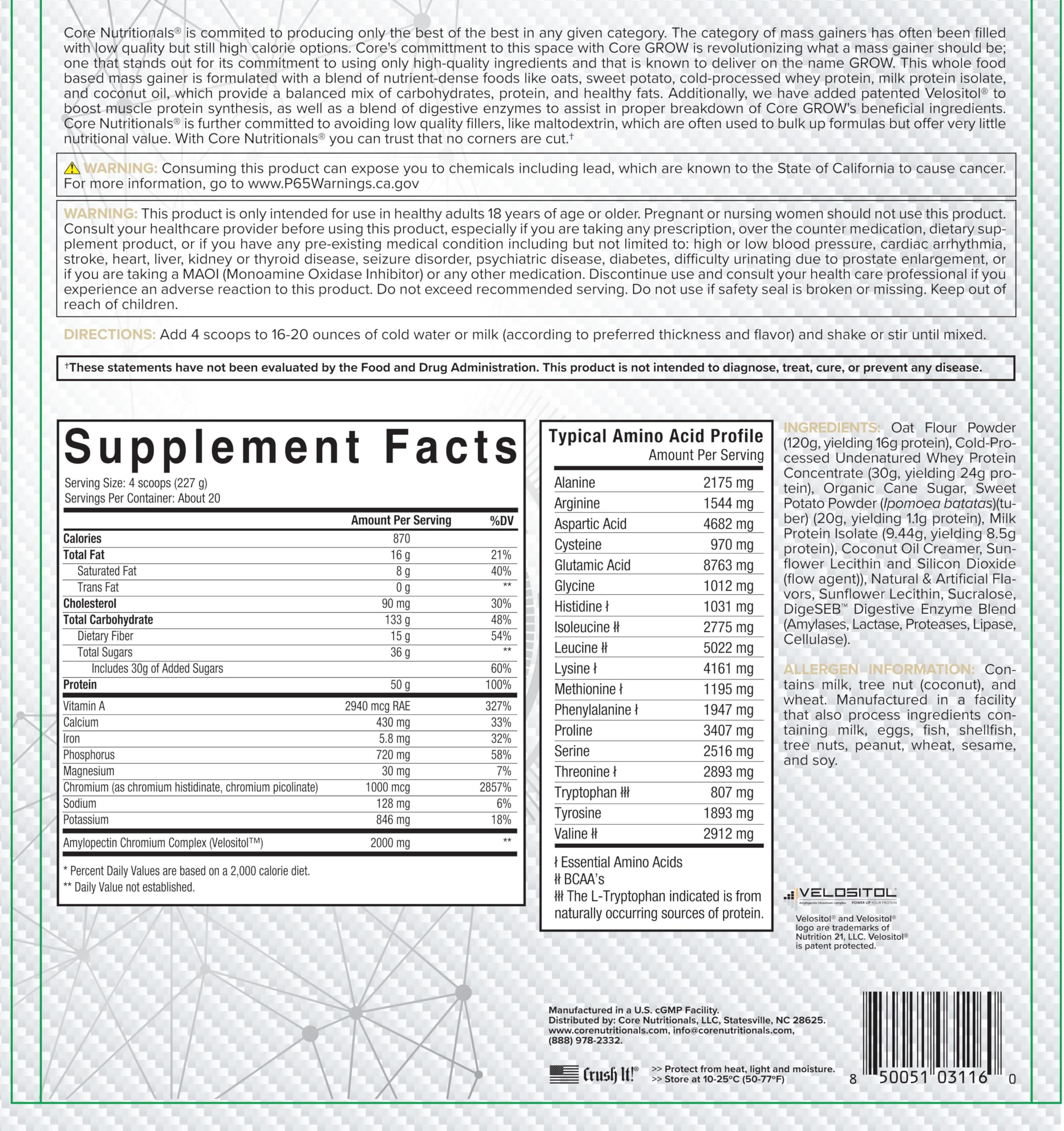 Core Nutritionals Core Nutritionals Grow Whole Food Based Mass Gainer, 50G Protein, 880 Calories, 10 lbs (Vanilla Milkshake)