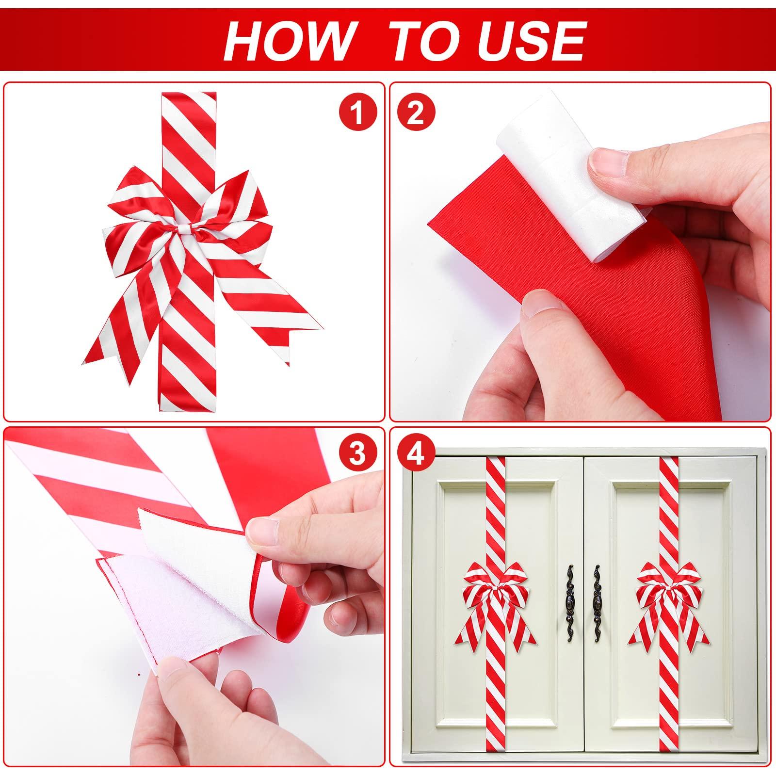 WILLBOND WILLBOND 8 Pieces Christmas Cabinet Ribbons Bows Large Christmas Door Ribbon Cabinet Bows for Christmas Party Supplies(Red and White,Stripe)