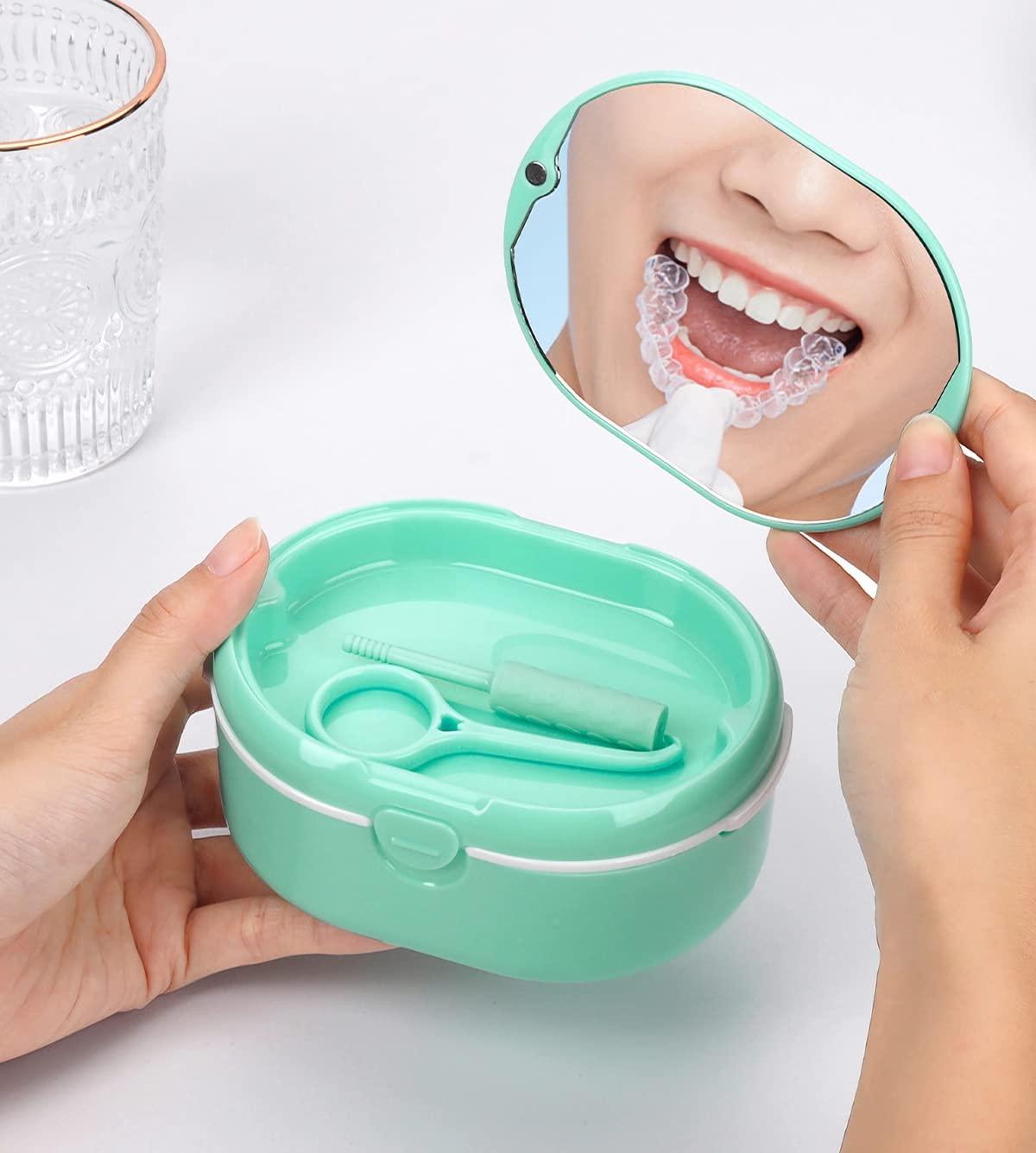 MURRI&MURRDI MURRI&MURRDI Retainer Case, Denture Bath Box with Strainer Basket, Mouth Guard Case, Braces Cleaner Cup, Cute Denture Holder Storage Soak Container for Travel Cleaning (D Green)