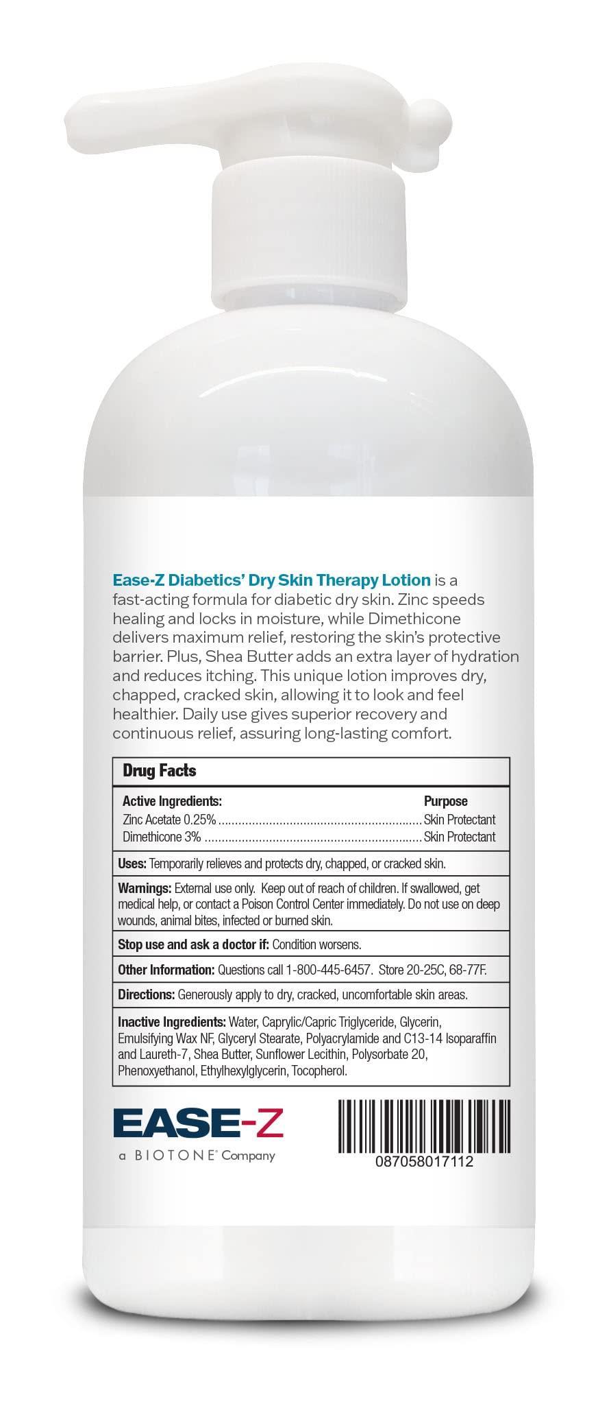 Ease-Z EASE-Z Diabetic Lotion for Dry Skin. Clinically Proven ingredients and ZINC relieve dryness, reduce redness, and calm itching. With Shea Butter. Fast-Acting, Long-Lasting. 10.9 oz