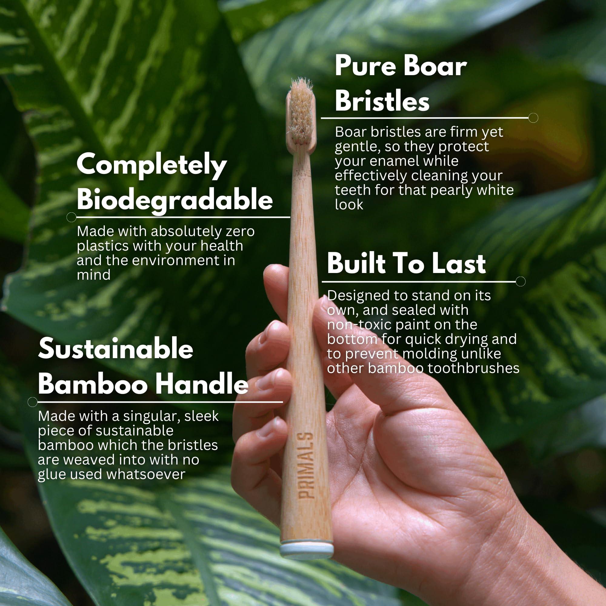 PRIMALS PRIMALS Boar Bristle & Bamboo Toothbrush (4-Pack) - Premium Boar Bristles - Fully Biodegradable - Plastic & Nylon Free - Quick Dry Design