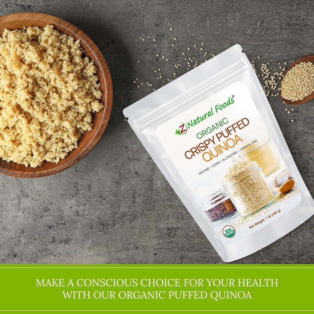 Z Natural Foods Z Natural Foods Organic Crispy Puffed Quinoa - Real Crisped Quinoa Vegan Superfood - Healthy Quinoa Crisps Snacks for Adults & Kids - Crispy Quinoa Puffs for Baking, Snacks, Yogurts, Gluten-Free, 1 lb