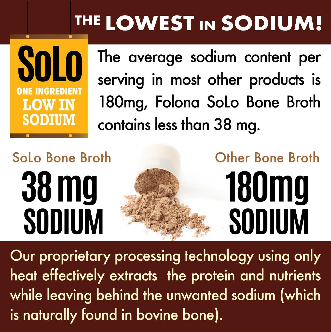 FOLONA Solo Bone Broth Protein Collagen Powder Low Sodium, 16g Hydrolyzed Collagen Type I & III, for Healthy Skin, Nails, Hair, Joints & Digestion, Grass Fed, 1 lb (Canister - Net Wt. 1 lb. Powder)