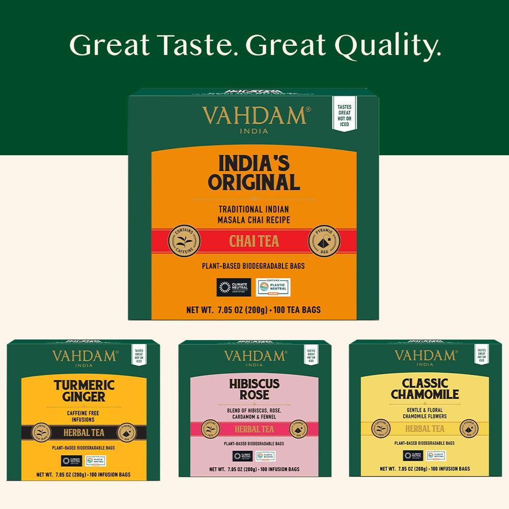 VAHDAM VAHDAM, India\'s Original Masala Chai Tea Bags (100 Count) Non GMO, Gluten Free, No Added Flavoring | Blended w/Exotic Spices | Whole Leaf Tea Bags | Resealable Ziplock Pouch