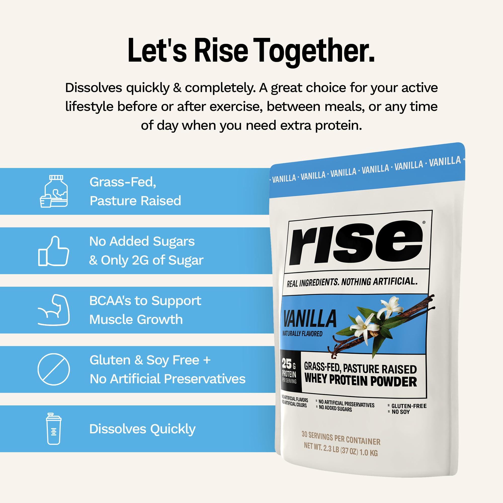 Rise Rise Grass-Fed Whey Protein Powder - Vanilla | 25g Protein No Artificial Flavors, Colors, or Preservatives - Sugar Free, Gluten-Free, Soy Free (2.3 lbs)