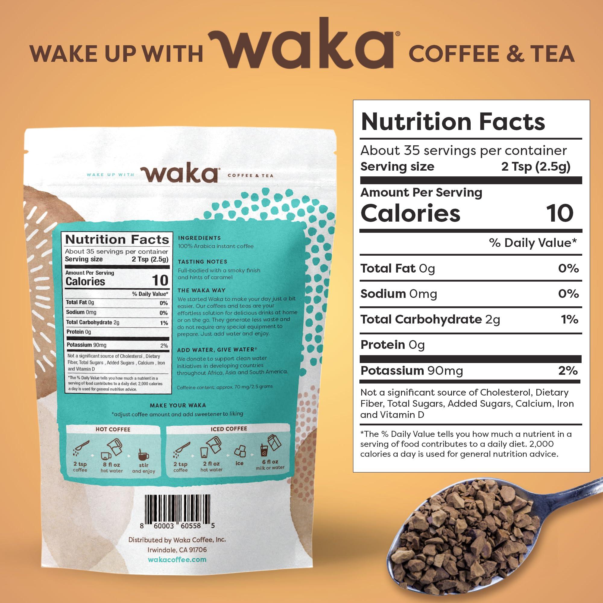 Waka Coffee Waka Instant Coffee, Dark Roast - 100% Arabica Beans, Freeze Dried Granules, No Additives - Single Serve Packets for Quick Hot and Iced Coffees (8 Individual Coffee Packets)