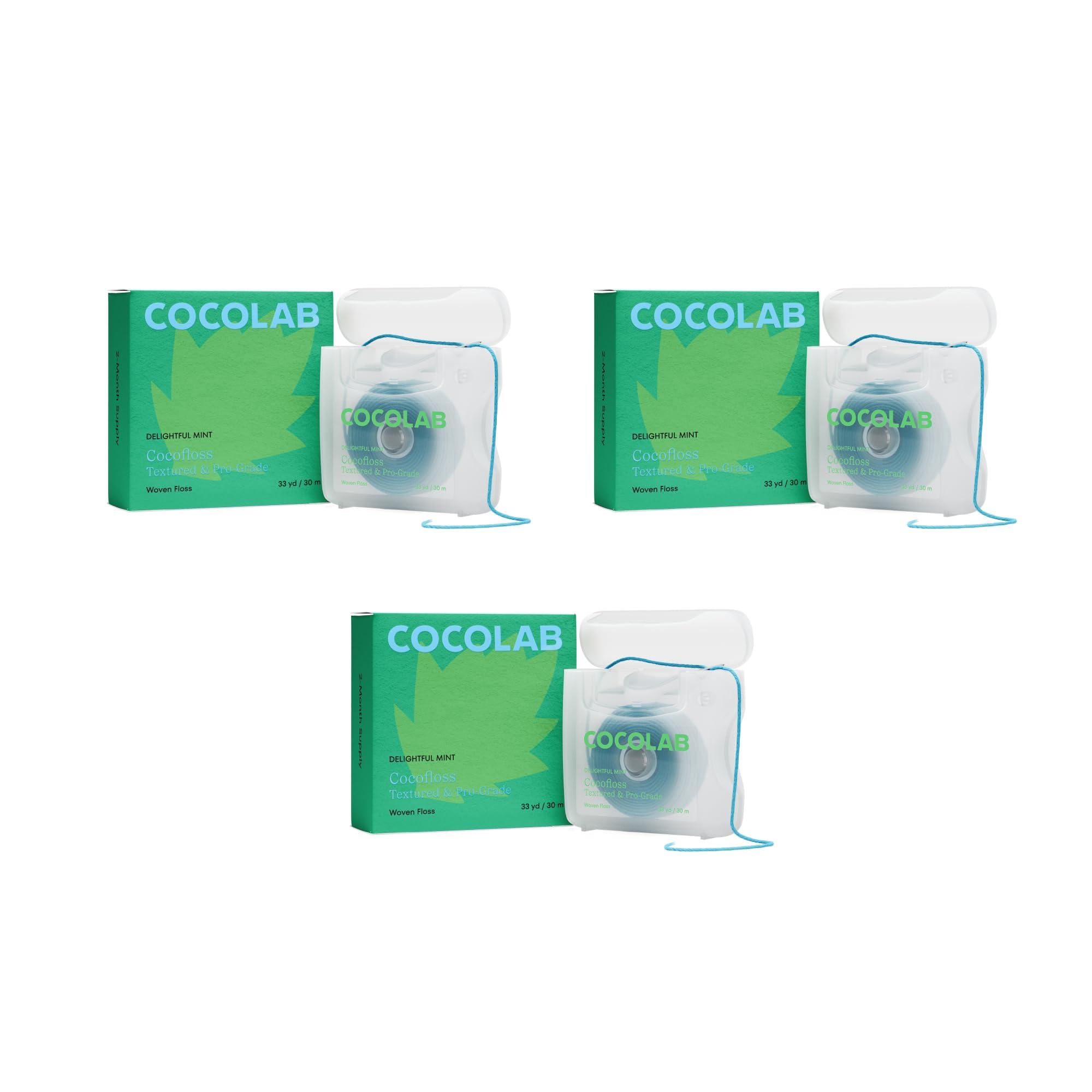Cocofloss Cocofloss Woven Dental Floss, Dentist-Designed Oral Care, Mint, Waxed, Expanding, Vegan, Kid-Friendly String Floss with Coconut Oil, 3 Spools (33 yd Each)