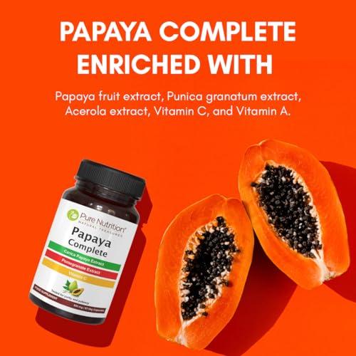 PURE NUTRITION NATURAL TREASURES PURE NUTRITION NATURAL TREASURES Papaya Complete - 120 Veg Capsules. (Supports Platelet Immunity & Digestion) Each Capsule Contains 500mg Carica Papaya Fruit and Leaf Extract | 120 Days Supply