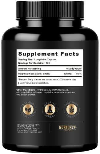 NURTURLY Magnesium Citrate & Oxide 500mg Complex Supplement - High Absorption Maximum Strength - Helps Support Bone Density and Strength, Muscles, Energy and Sleep - 360 Vegan Capsules