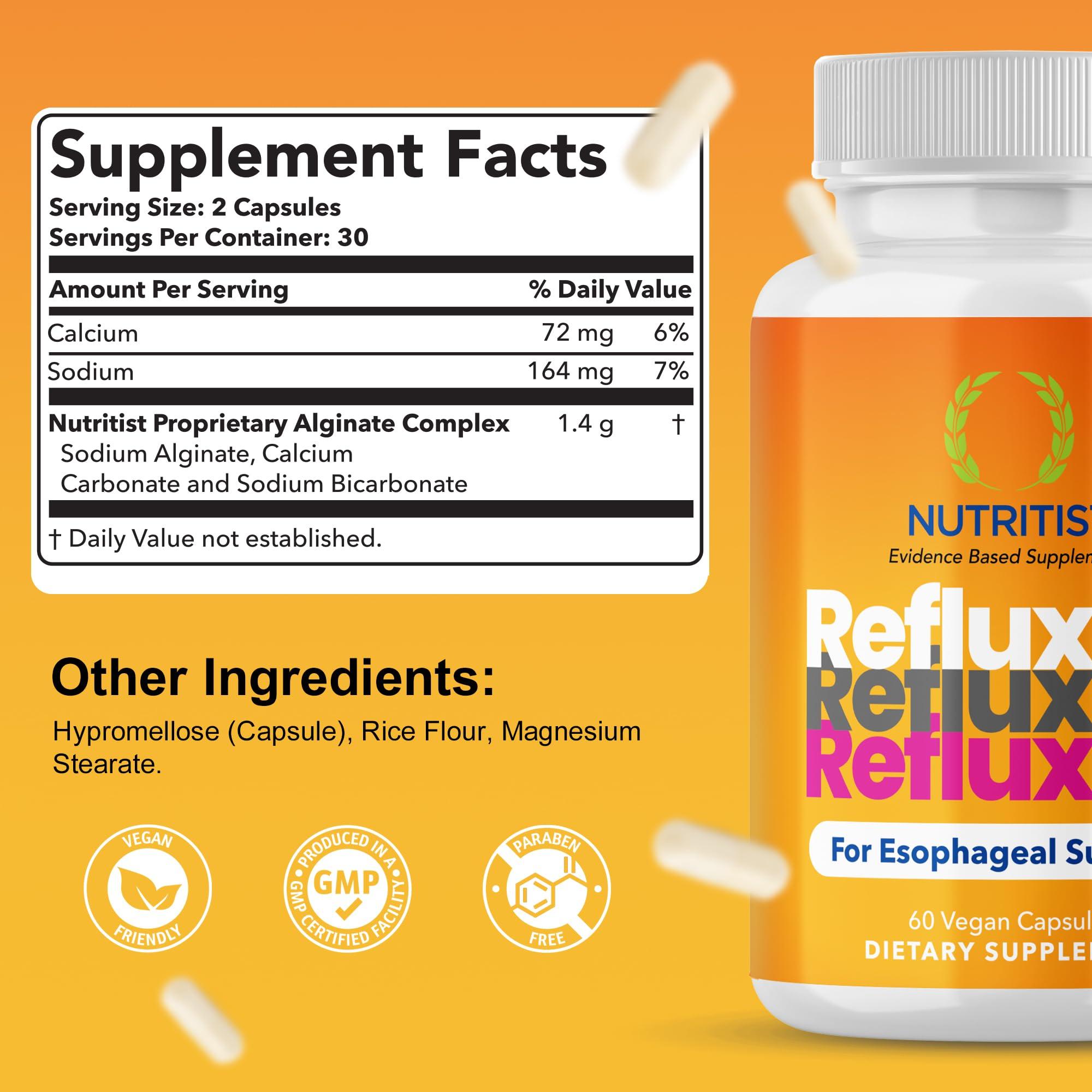 Nutritist Nutritist REFLUXTER Natural Acid Reflux Sodium Alginate Supplement - Esophageal Rescue Support for Indigestion, Lpr, Heartburn, Gerd Relief - 60 Capsules. Made in USA