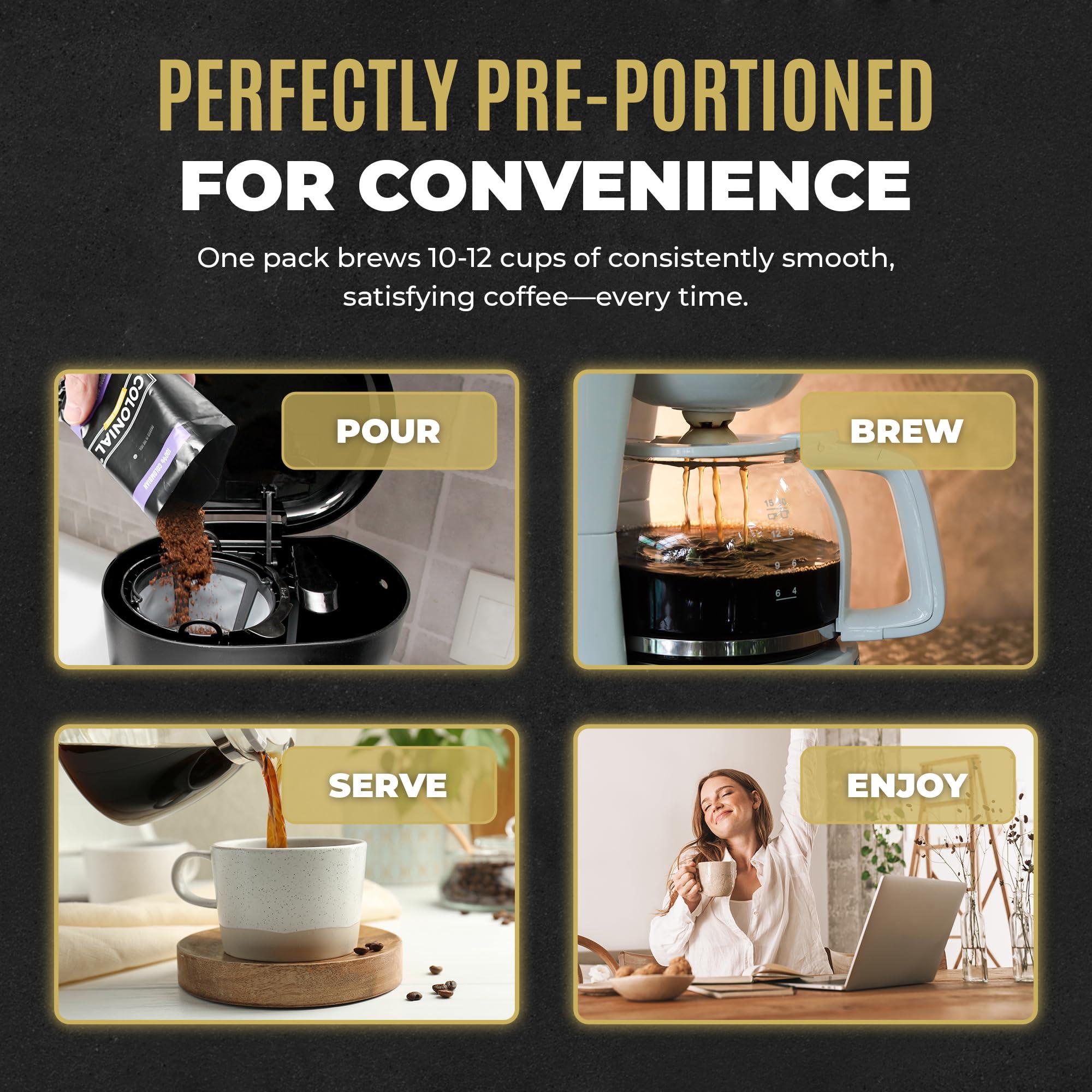 COLONIAL INTERNATIONAL COFFEE Colonial Coffee Packets, Pre Ground Coffee Packs, Assorted Variety Pack, Medium & Dark Roast Blends, Bulk Single Pot Bags for Drip Coffee Makers, (2.5 oz Bags, Pack of 12)