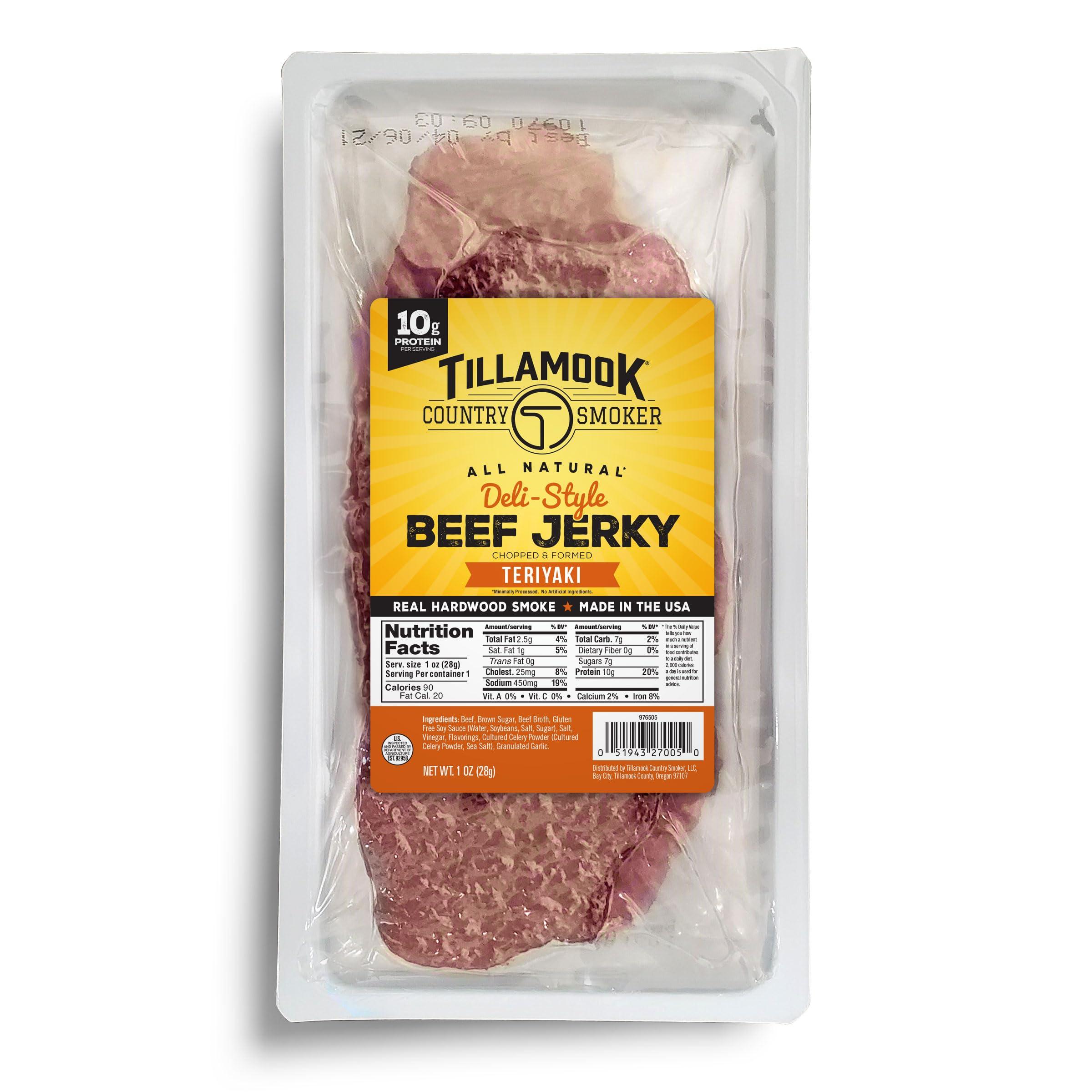 TILLAMOOK COUNTRY SMOKER Tillamook Beef Jerky, Country Smoker Teriyaki Deli Style Thin Sliced Slab, Low Carb, High Protein, Ready to Eat Keto Snacks, Chopped & Formed Slabs,12 Count Tray