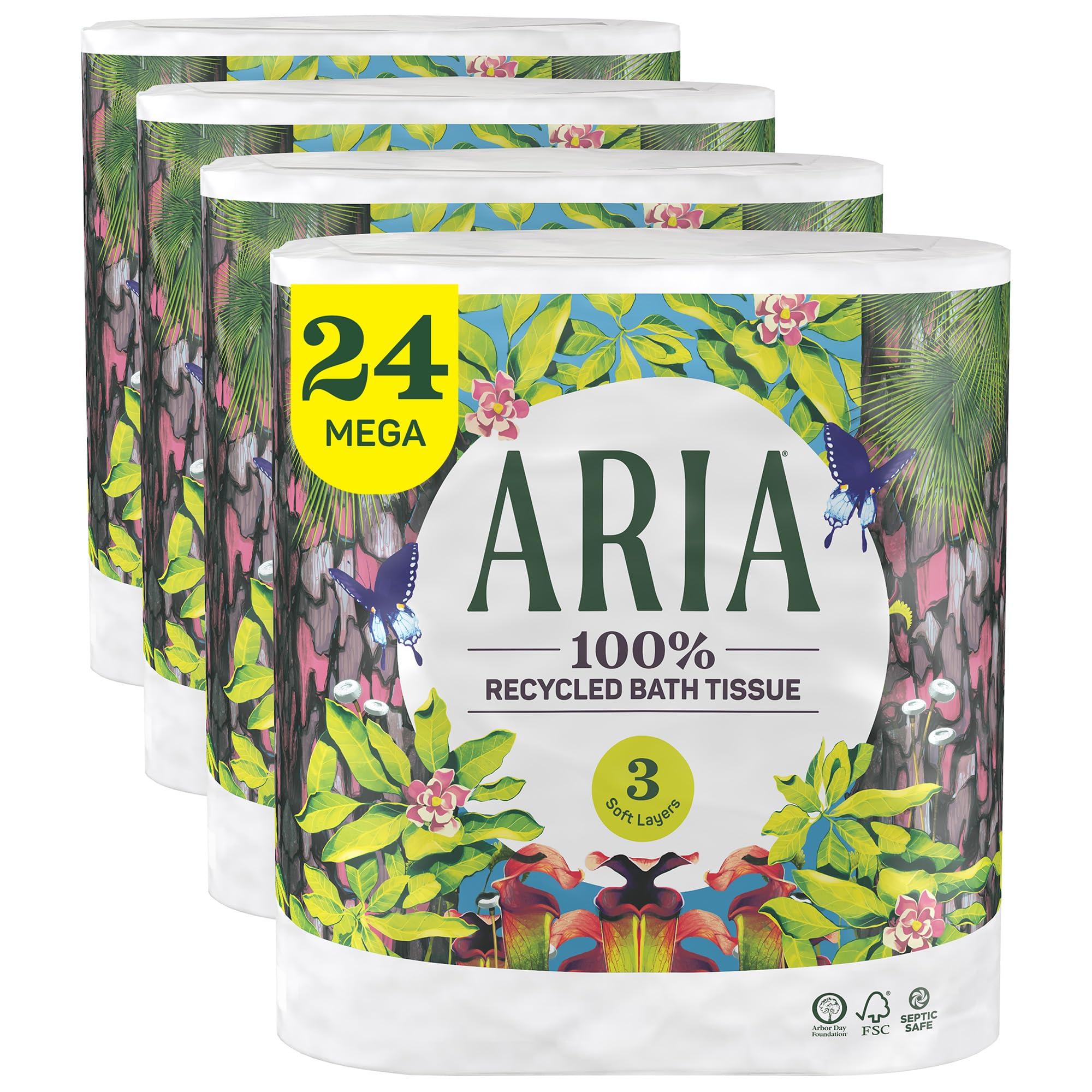 Aria Aria 100% Recycled Toilet Paper, 4 Packs of 6 Rolls, 3 Soft Layers of Bath Tissue with Recyclable Paper Packaging