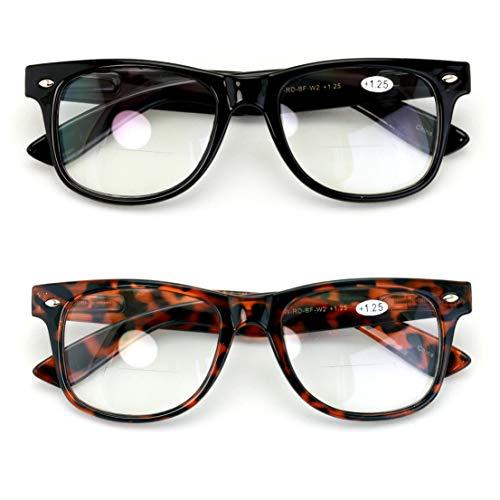 V.W.E. 2 Pairs of Comfortable Classic Retro Reading Glasses - Bifocals - Spring Hinge (1 Black 1 Tortoise, 1.00)