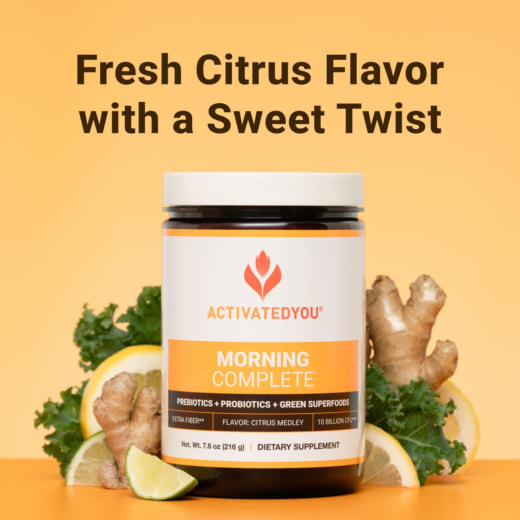 ACTIVATEDYOU ACTIVATEDYOU Morning Complete Daily Wellness Greens Superfood Drink Mix for Gut Health w/Prebiotics, Probiotics, Antioxidants, Green Superfoods, 10 Billion CFUs, 30 Servings (Citrus)