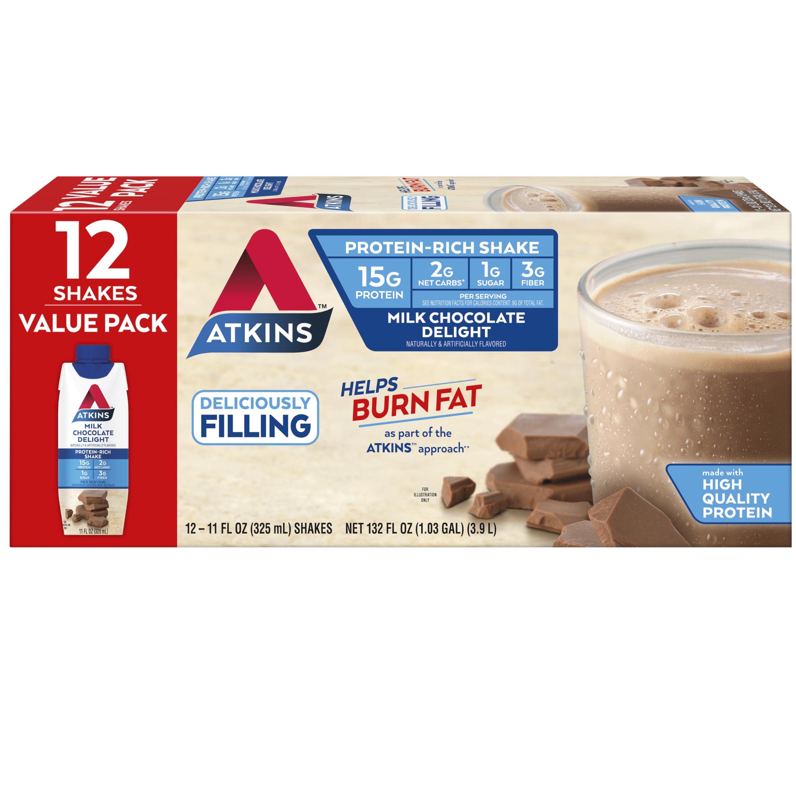 Atkins Atkins Creamy Chocolate Meal Size Protein Shake & Milk Chocolate Delight Protein Shake, 15g Protein, Low Glycemic, 2g Net Carb, 1g Sugar, Keto Friendly, 12 Count